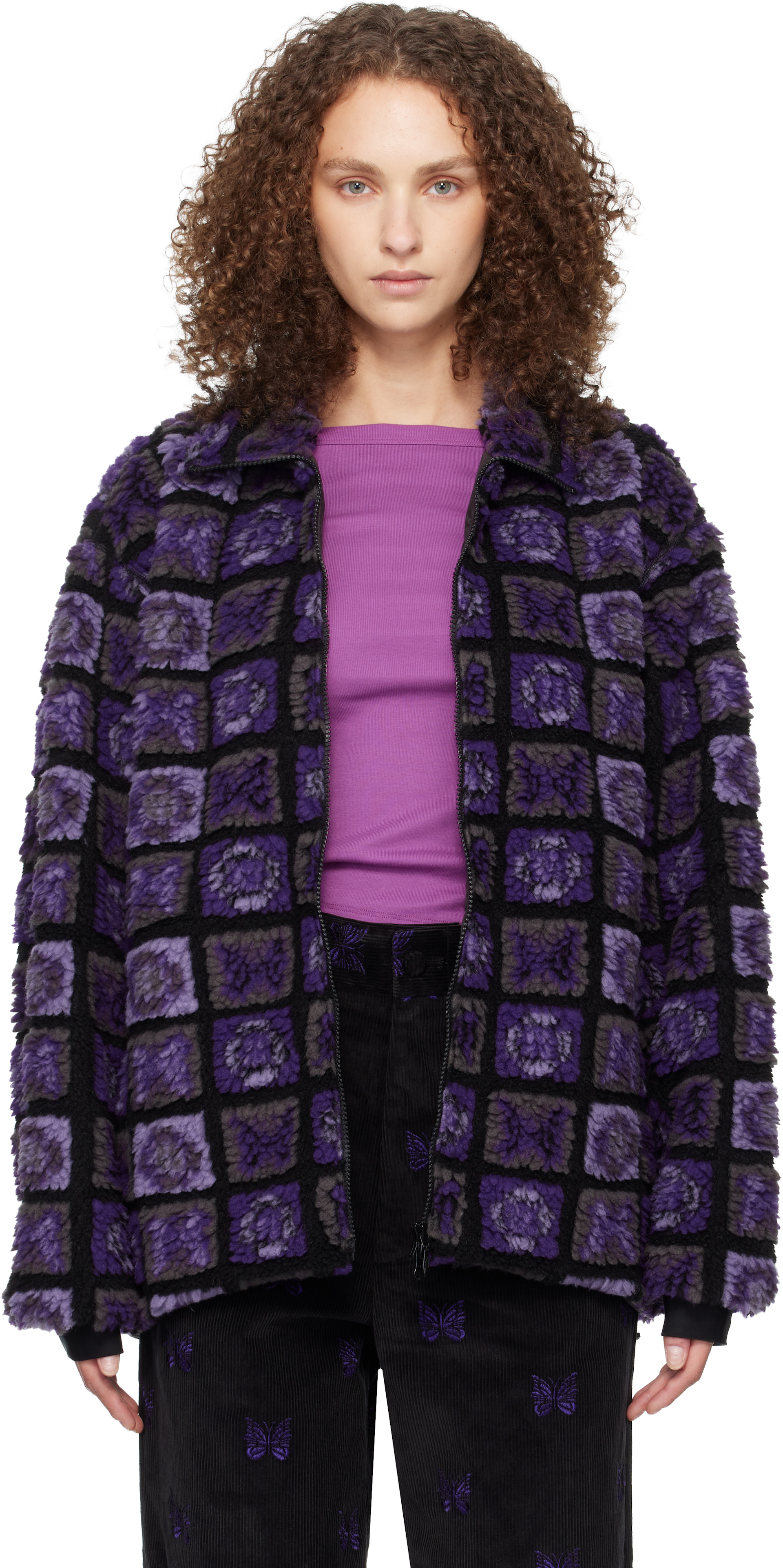 NEEDLES: Purple & Black Papillon Plaid Pile Jacket | SSENSE