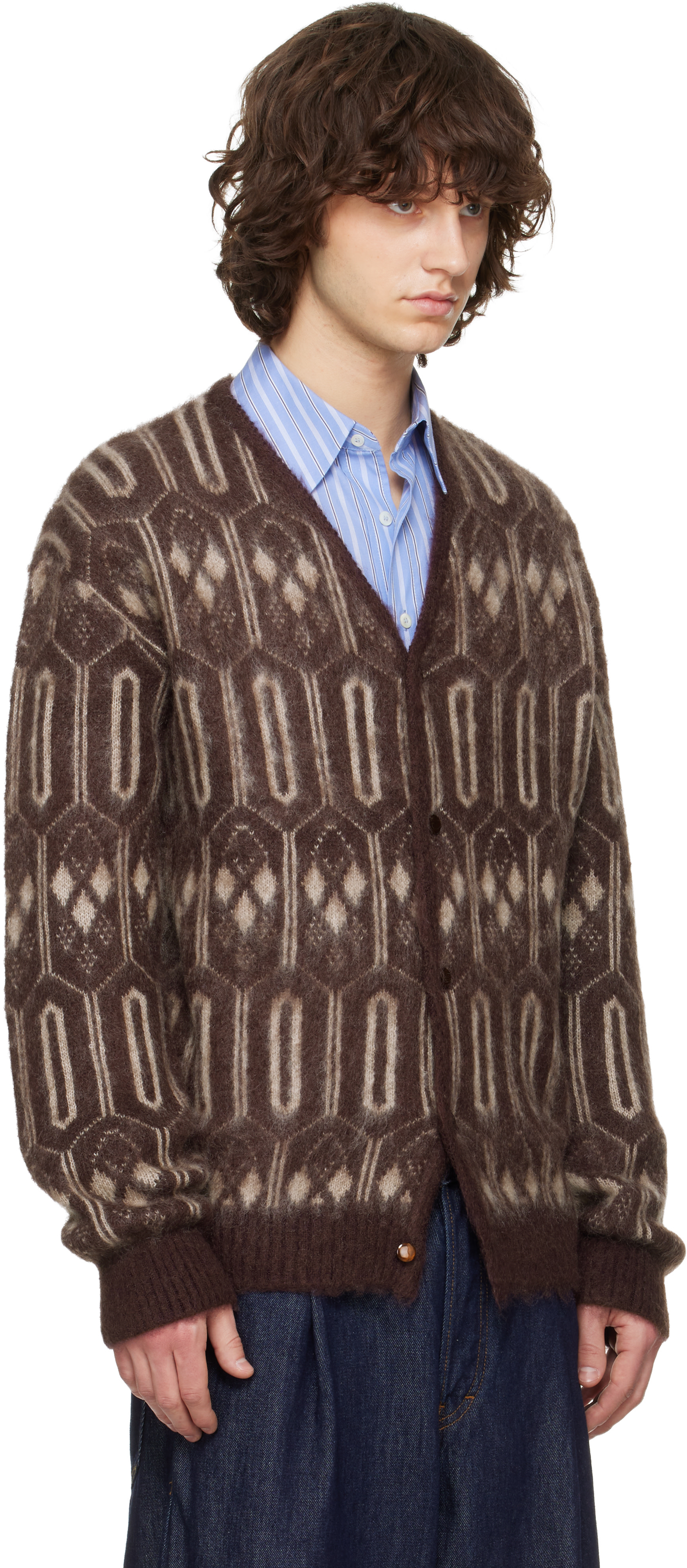 NEEDLES: Burgundy Mohair Geometric Cardigan | SSENSE