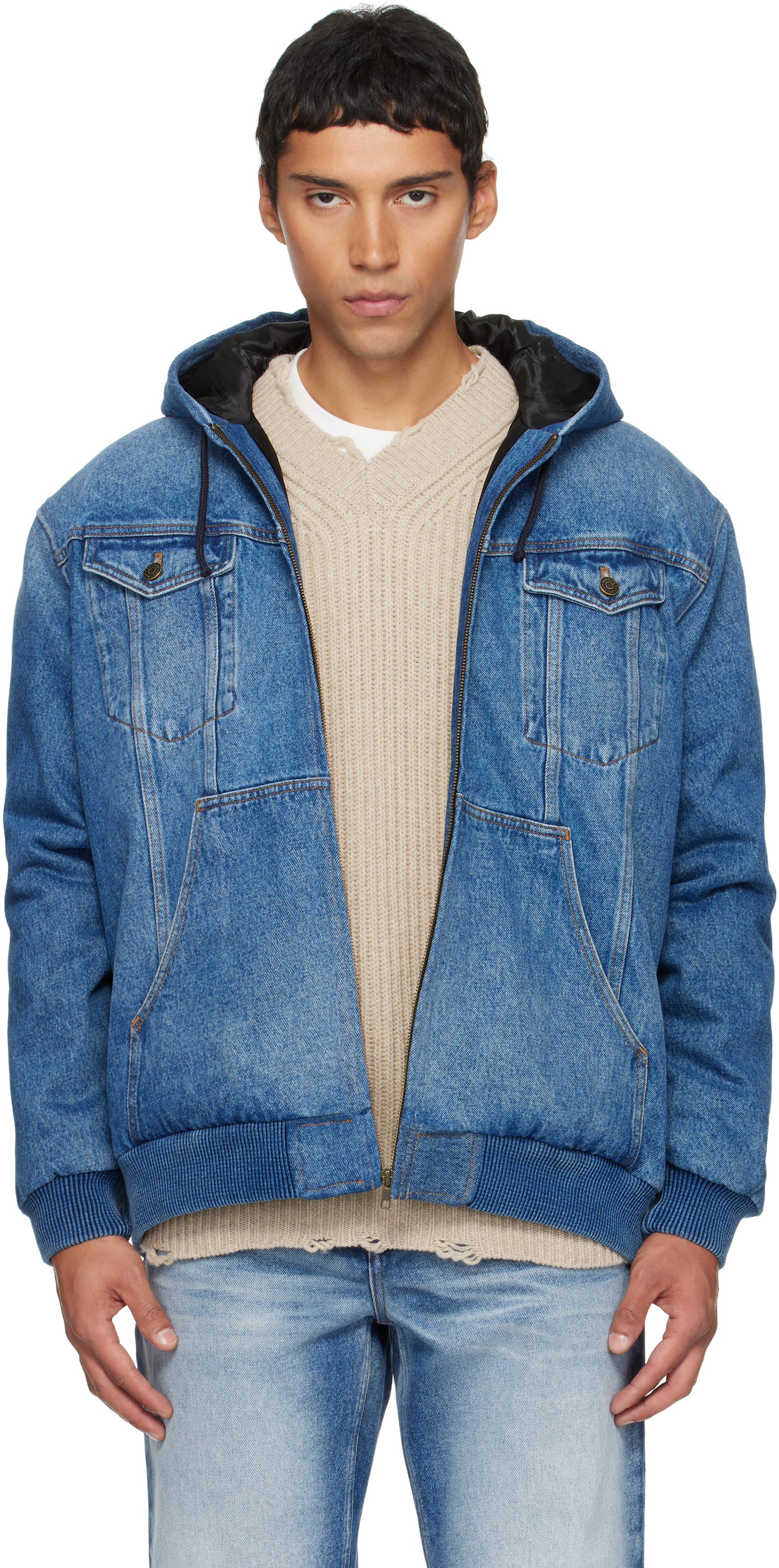 EGONlab - Blouson bleu en denim à capuche