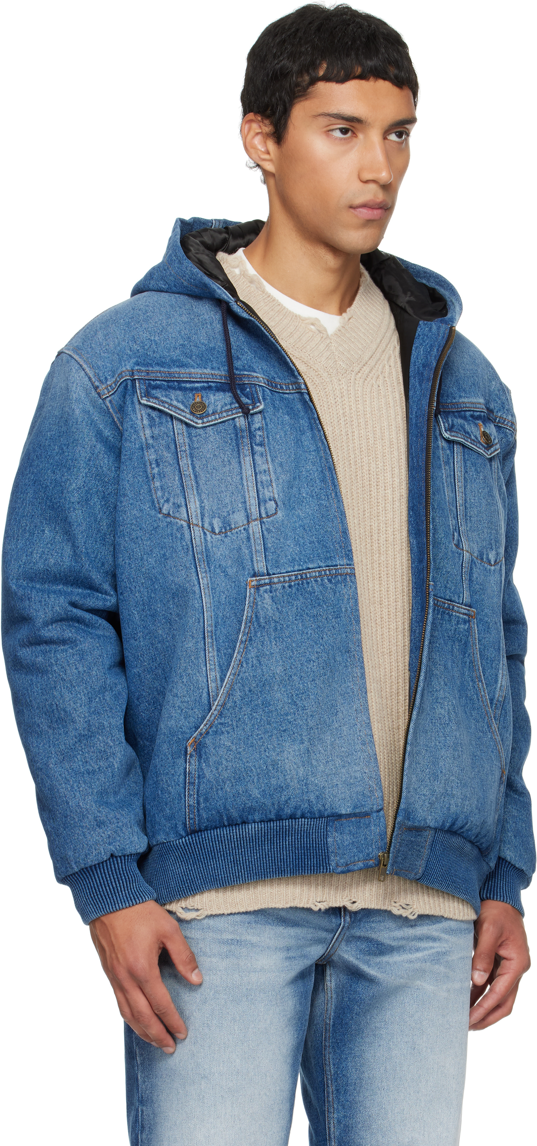 EGONlab - Blouson bleu en denim à capuche