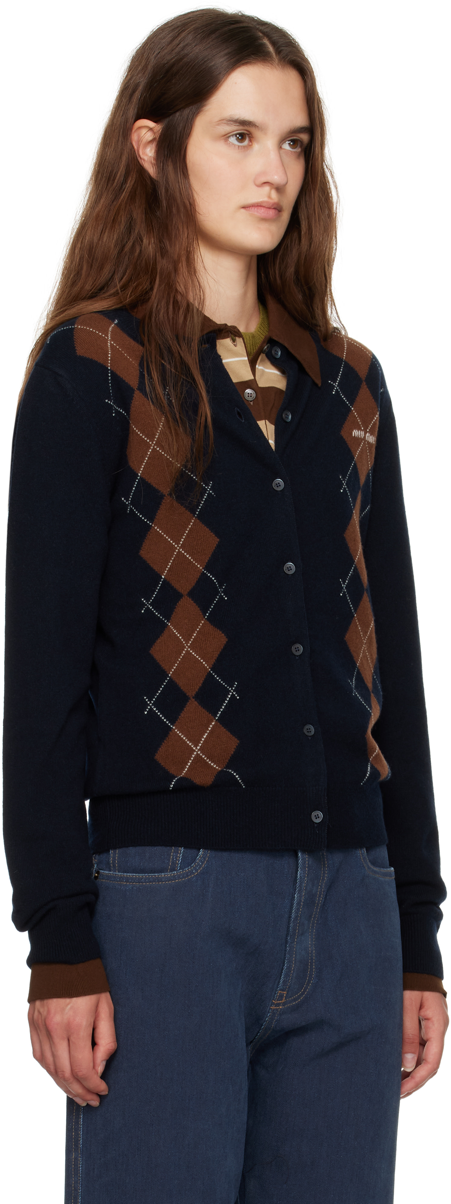 Miu Miu: Navy Cashmere Argyle Cardigan | SSENSE Canada