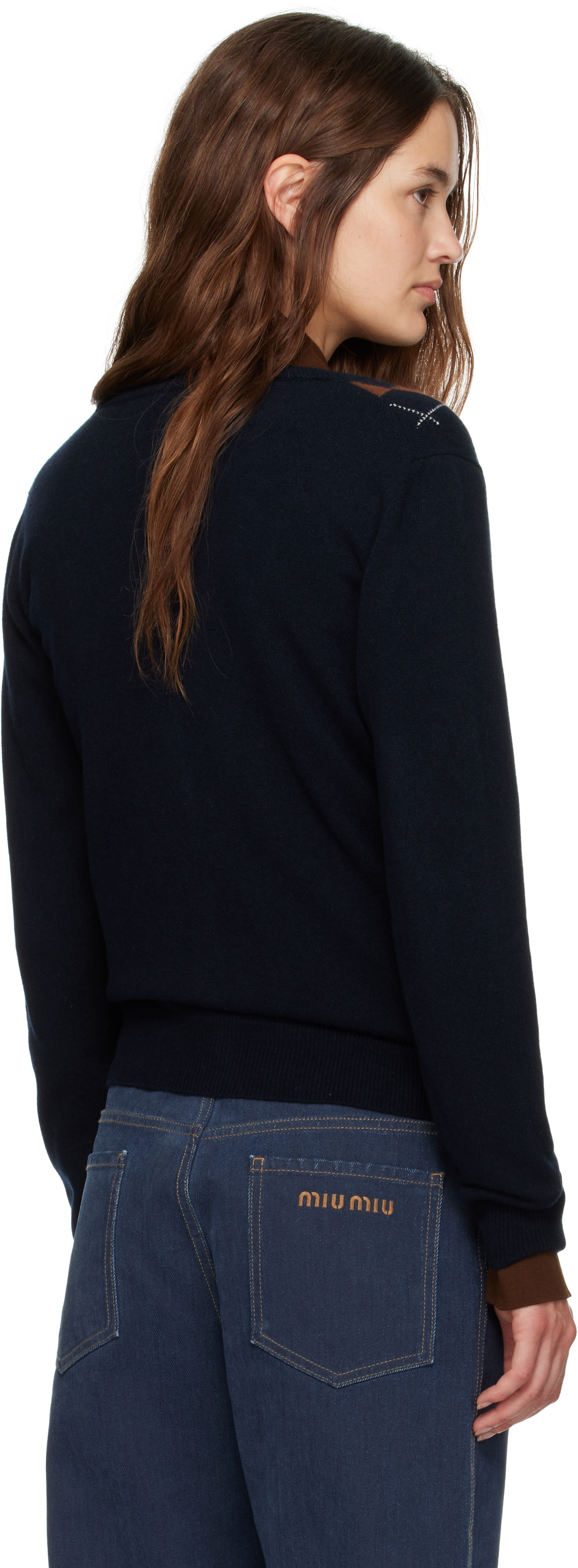 Miu Miu: Navy Cashmere Argyle Cardigan | SSENSE Canada