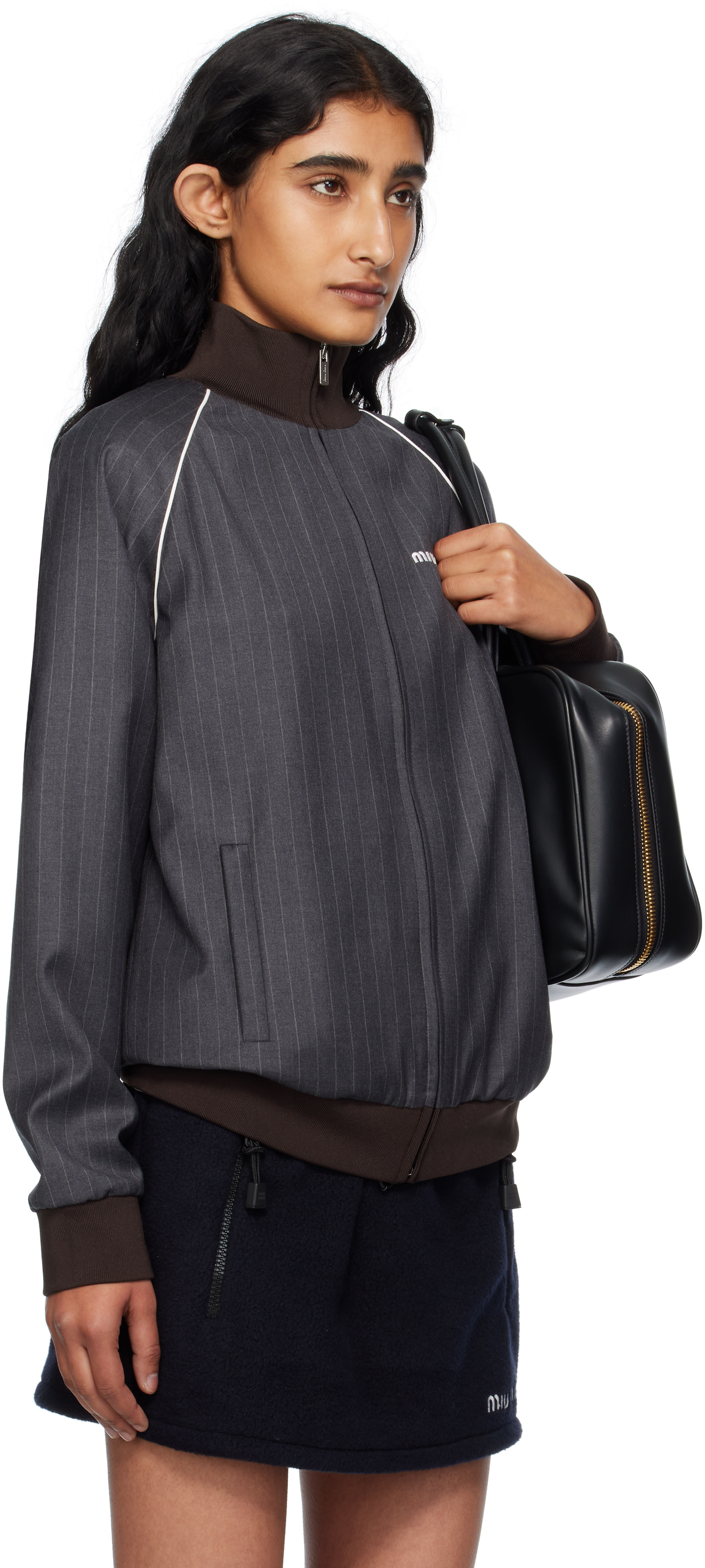 Miu Miu: Gray Pinstripe Zipper Jacket | SSENSE Canada