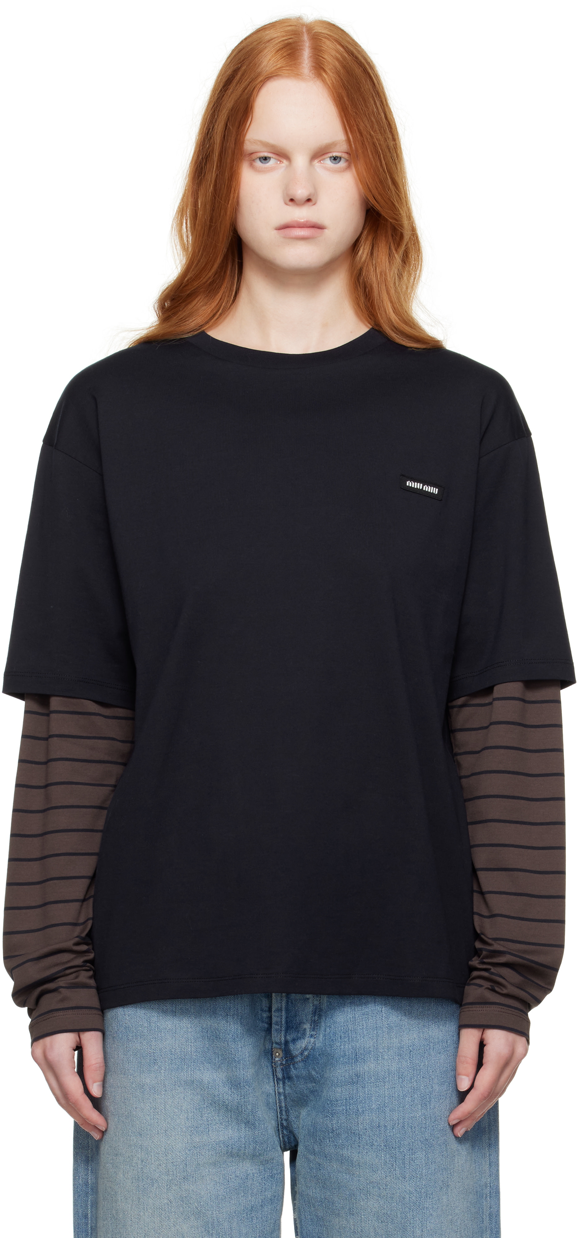 Miu Miu: Navy & Brown Long-Sleeved Jersey T-shirt | SSENSE Canada
