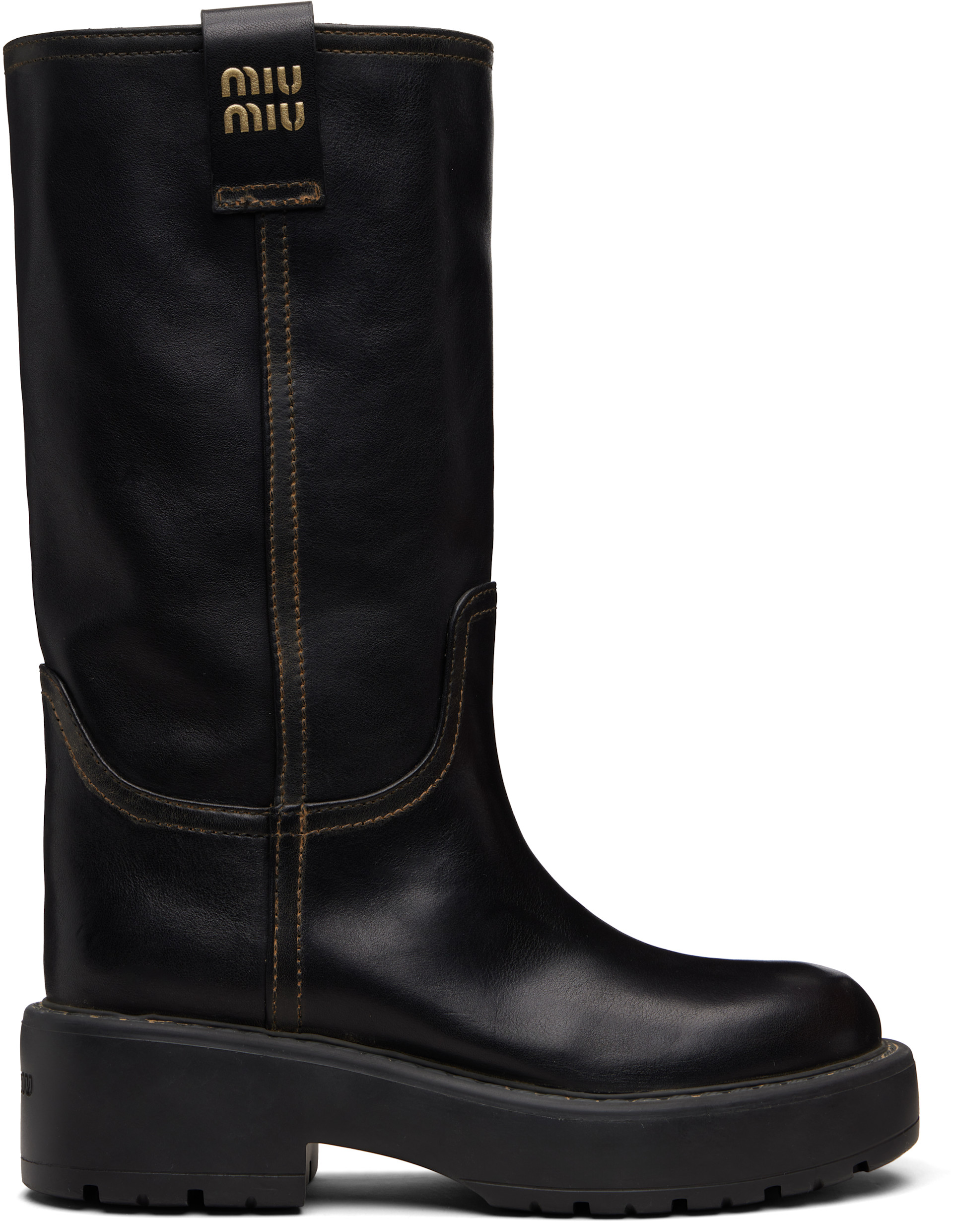 靴 Archive miu miu leather boots black Miu Miu: Black Aged Calfskin Boots | SSENSE Canada