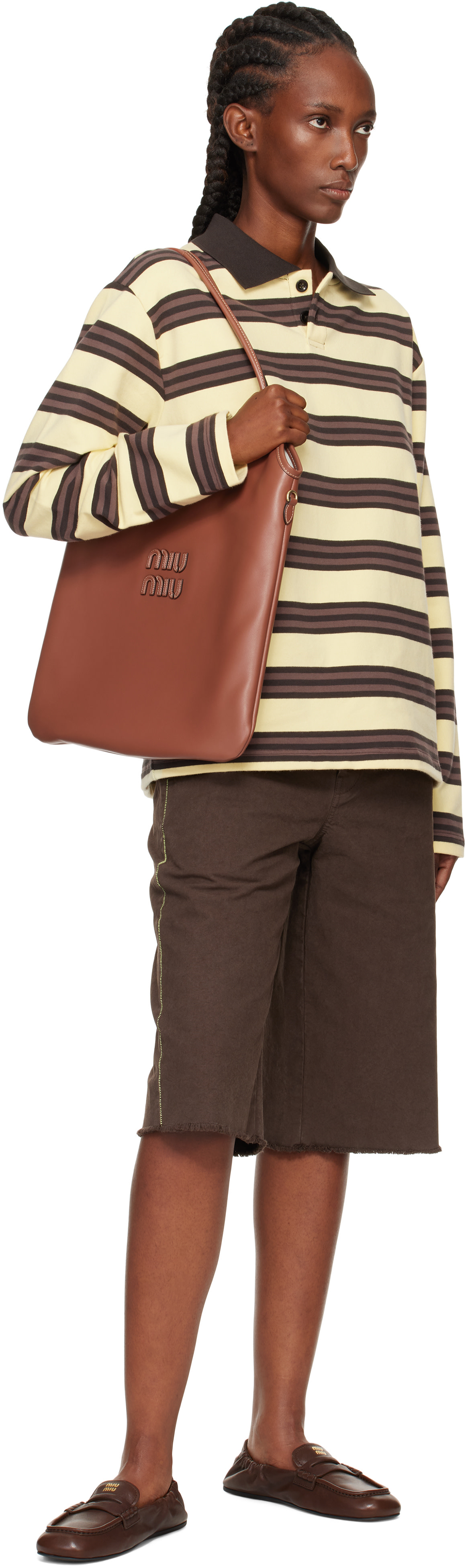 Miu Miu: Brown Ruches Nappa Leather Loafers | SSENSE Canada