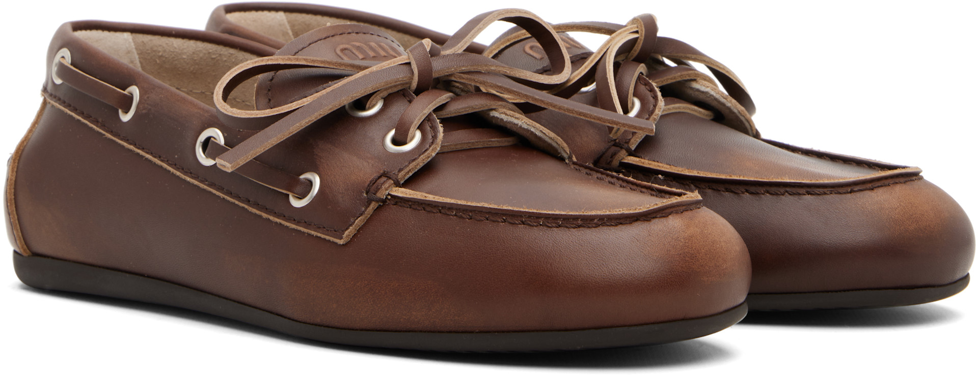 Miu Miu: Brown Unlined Bleached Leather Boat Shoes | SSENSE Canada