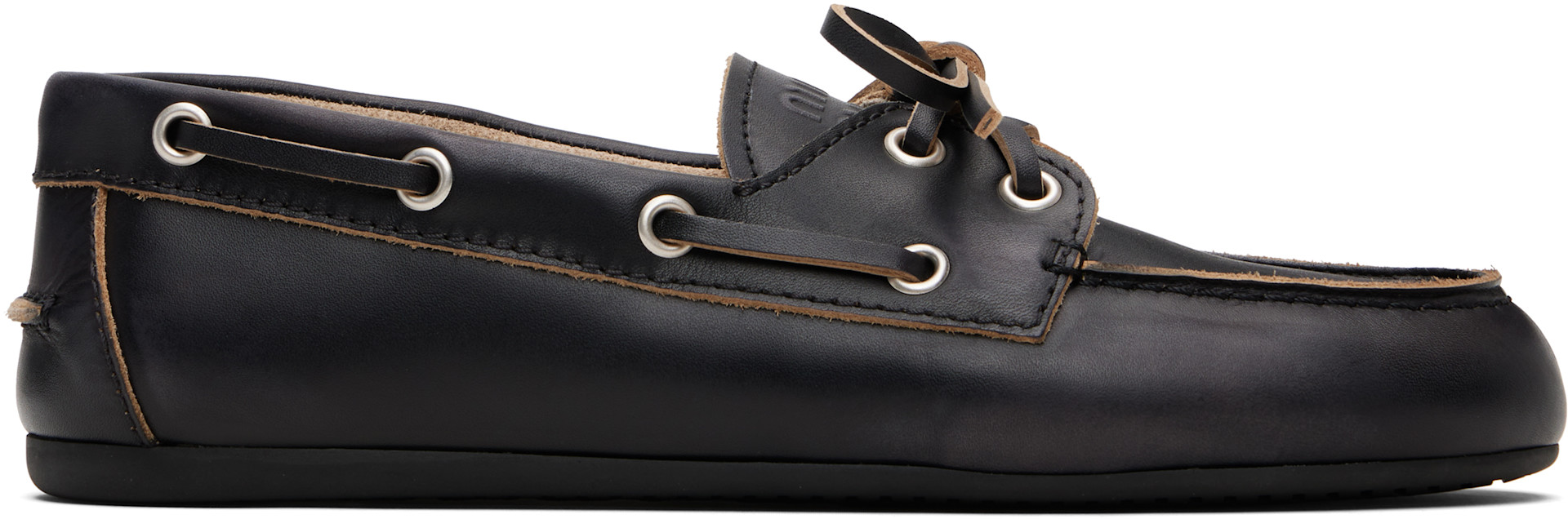 Miu Miu: Black Unlined Leather Boat Shoes | SSENSE Canada