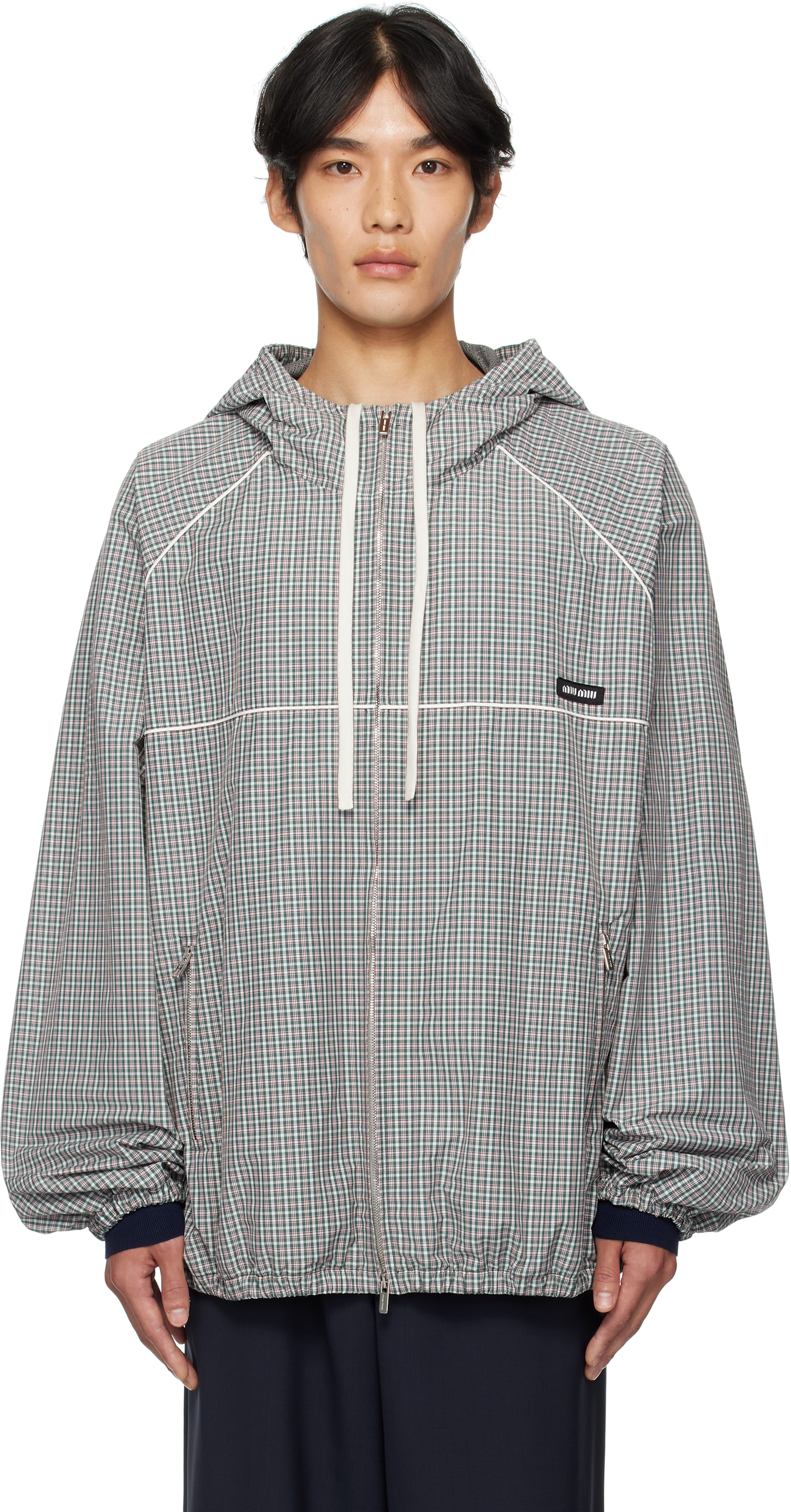 Miu Miu: Green & White Technical Zip Jacket | SSENSE Canada