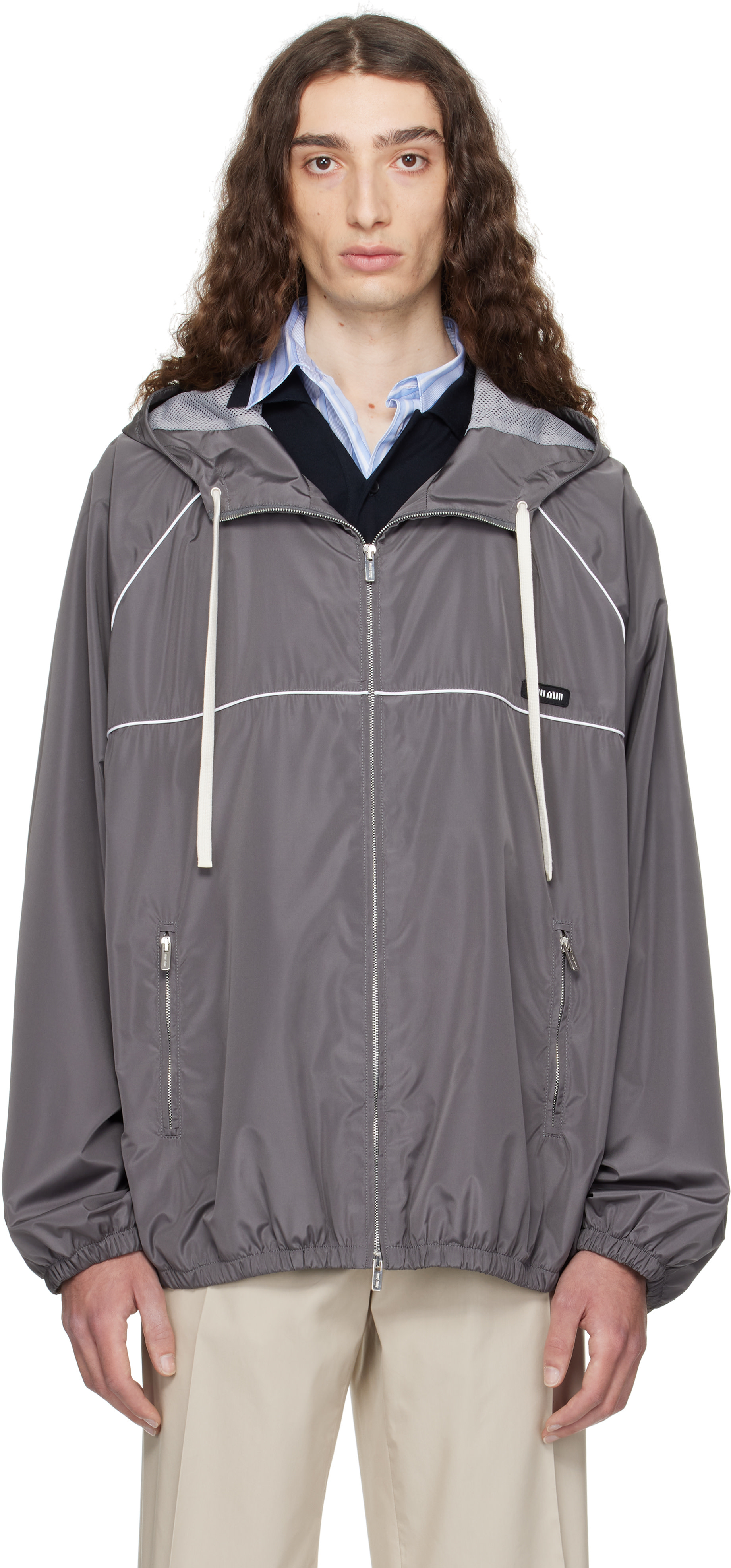 Miu Miu: Gray Technical Silk Zipper Jacket | SSENSE Canada