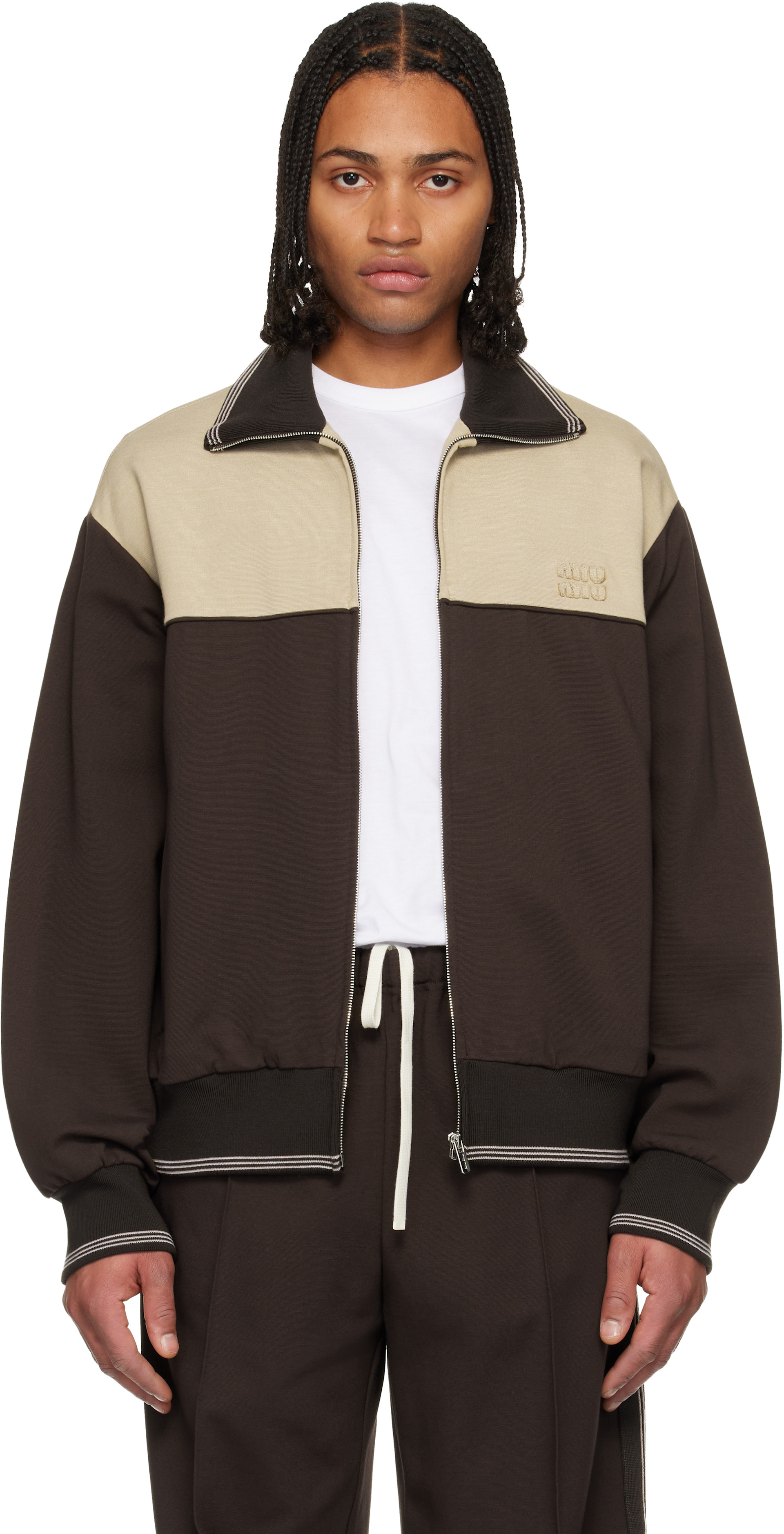 Miu Miu - Pull molletonné brun et beige à glissière