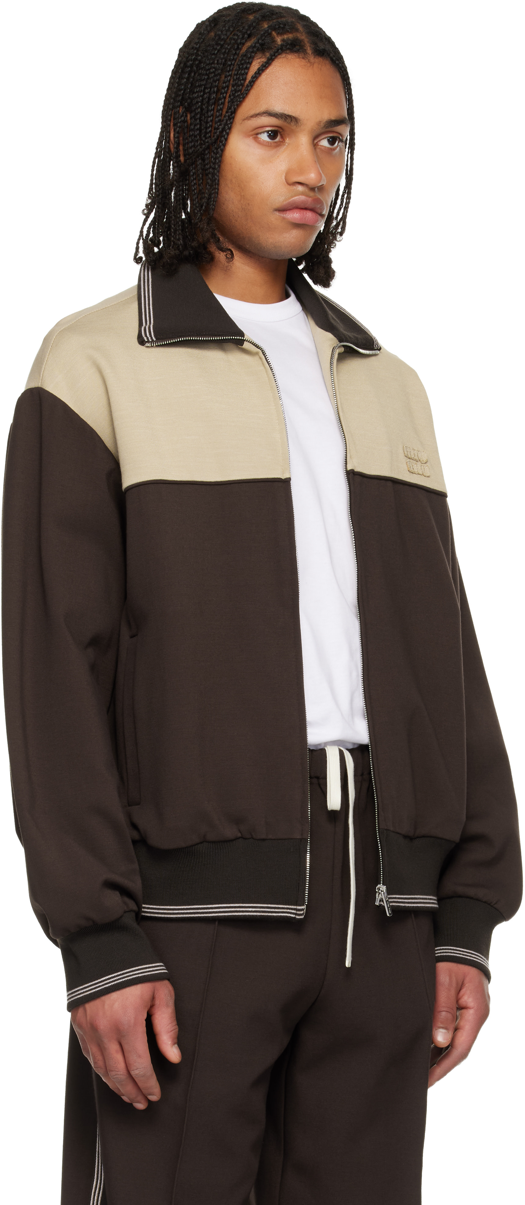 Miu Miu - Pull molletonné brun et beige à glissière