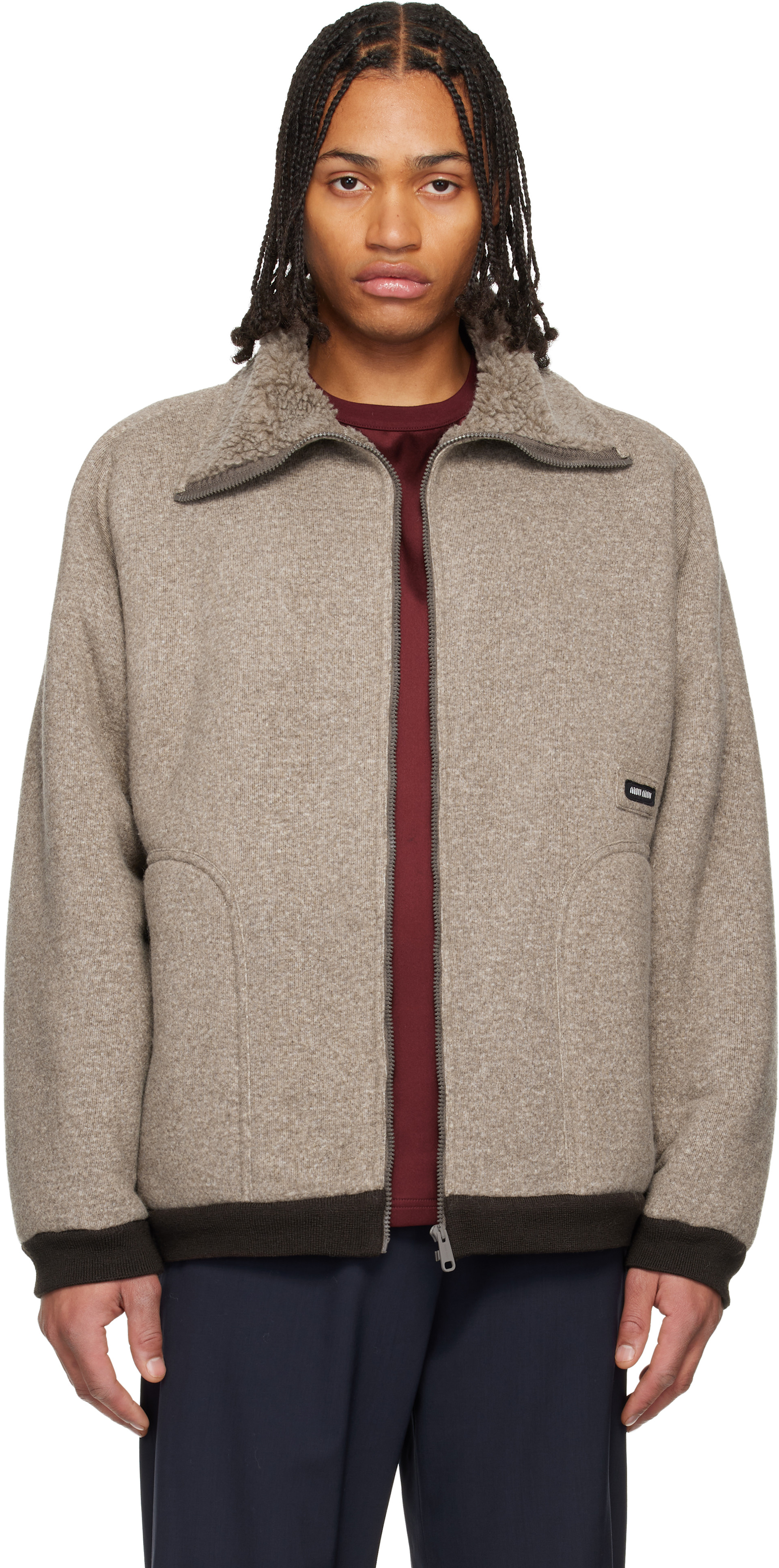 Miu Miu: Brown Fleece Zipper Blouson Jacket | SSENSE Canada