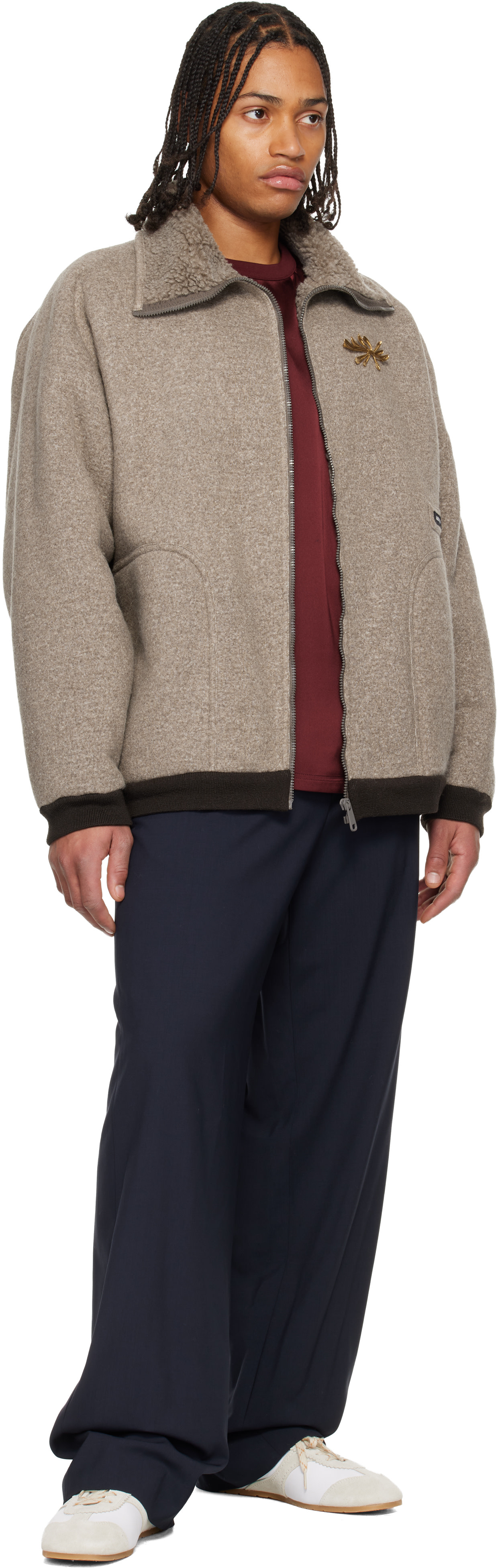 Miu Miu: Brown Fleece Zipper Blouson Jacket | SSENSE Canada