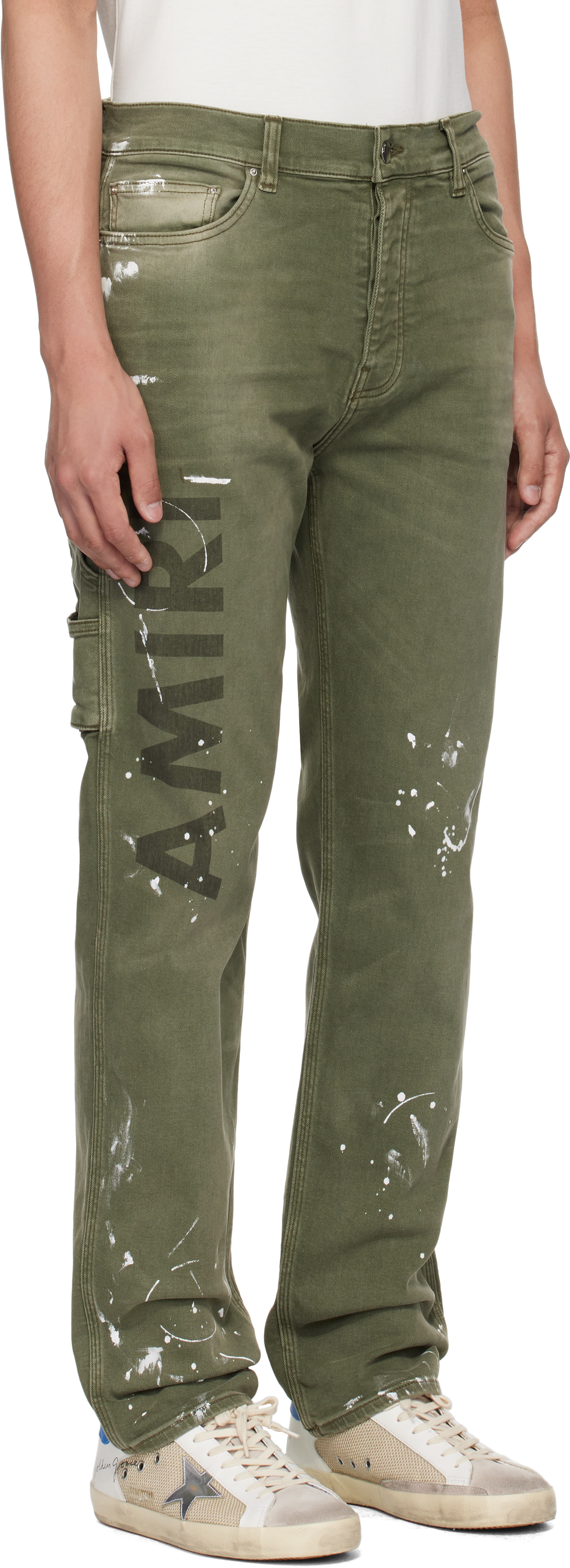 AMIRI: Khaki Army Logo Painted Slim Workman Jeans | SSENSE