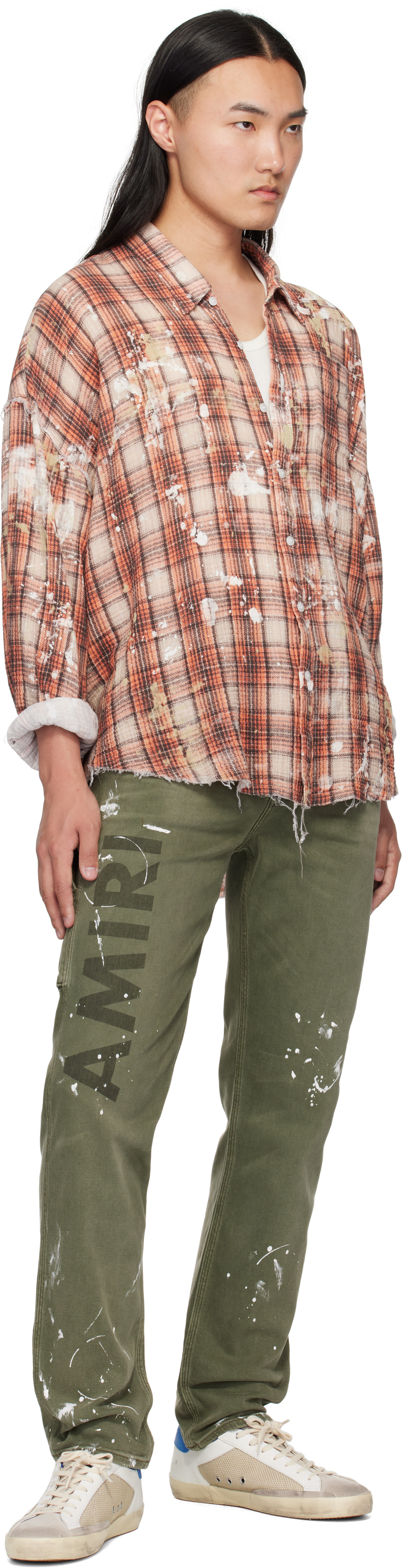 AMIRI: Khaki Army Logo Painted Slim Workman Jeans | SSENSE Canada