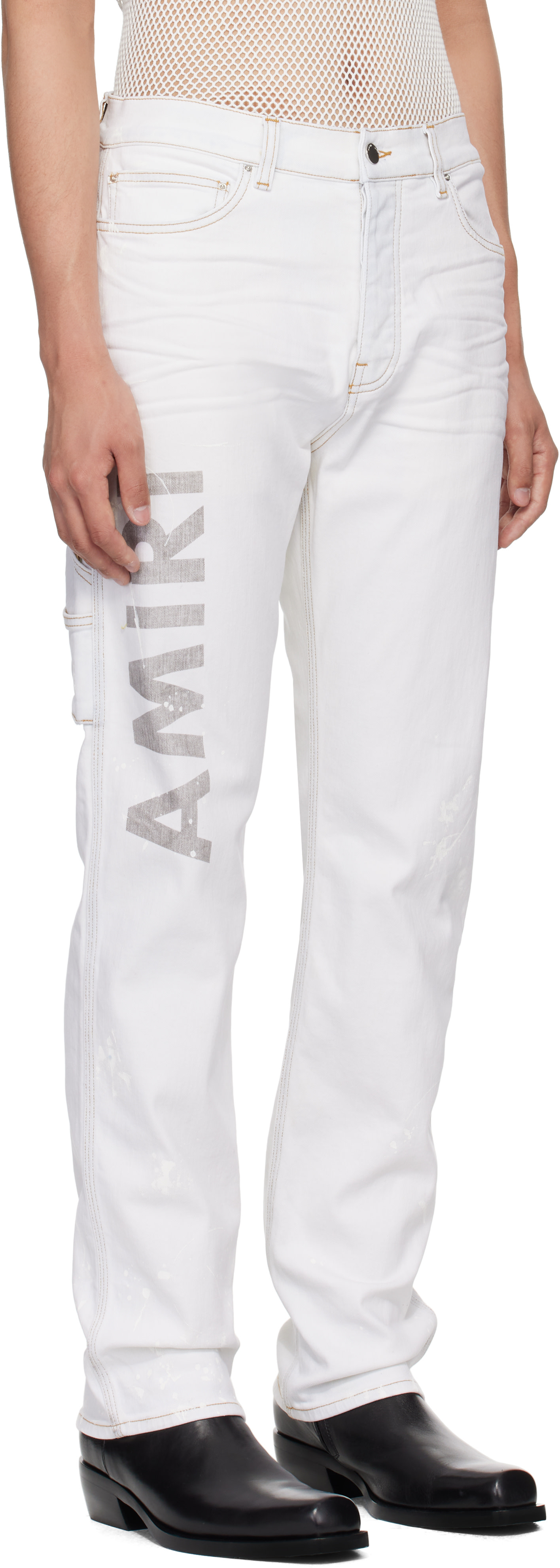 AMIRI: Blue Army Logo Painted Slim Workman Jeans | SSENSE