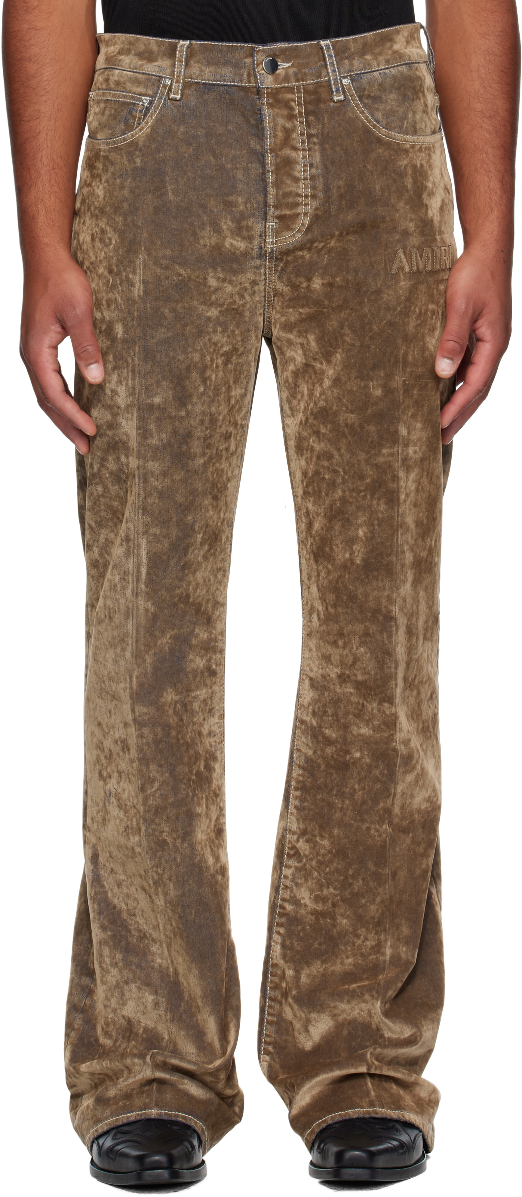 AMIRI: Tan Velvet Flare Jeans | SSENSE Denmark