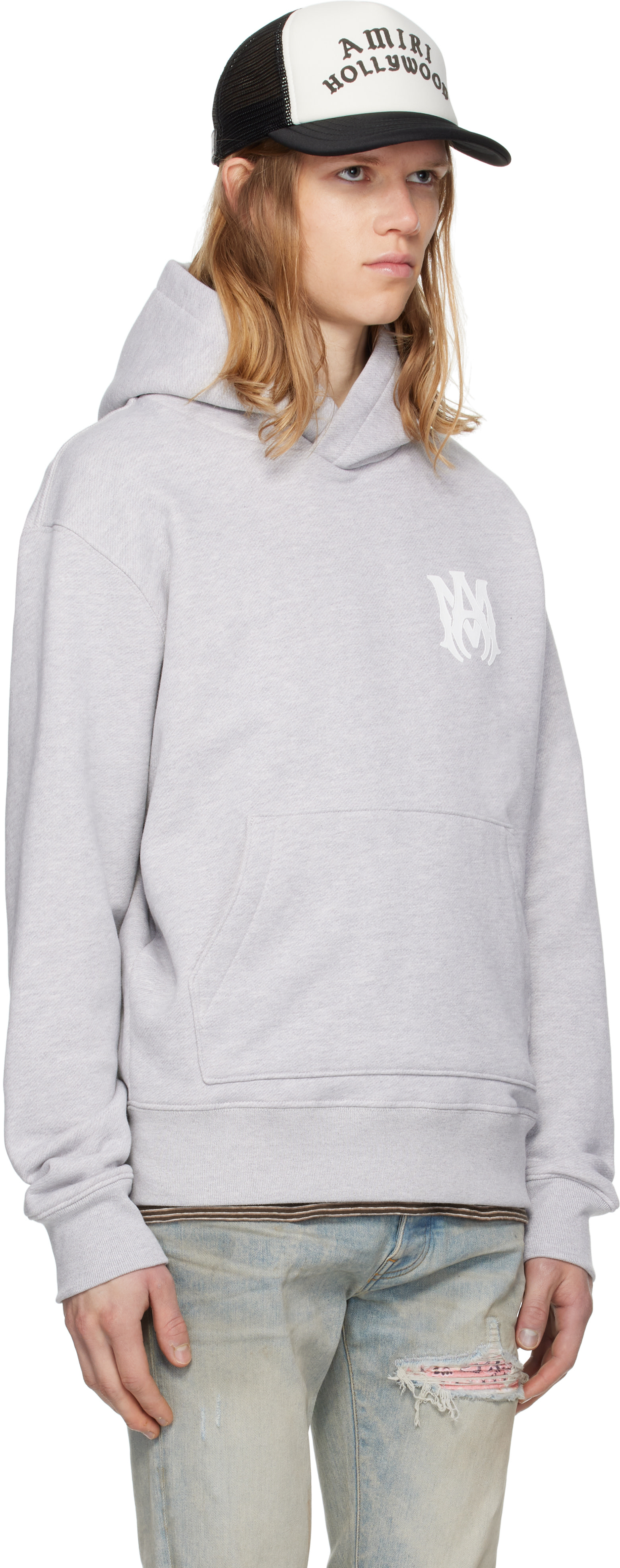 AMIRI - Pull à capuche gris à logo et à monogramme - Core