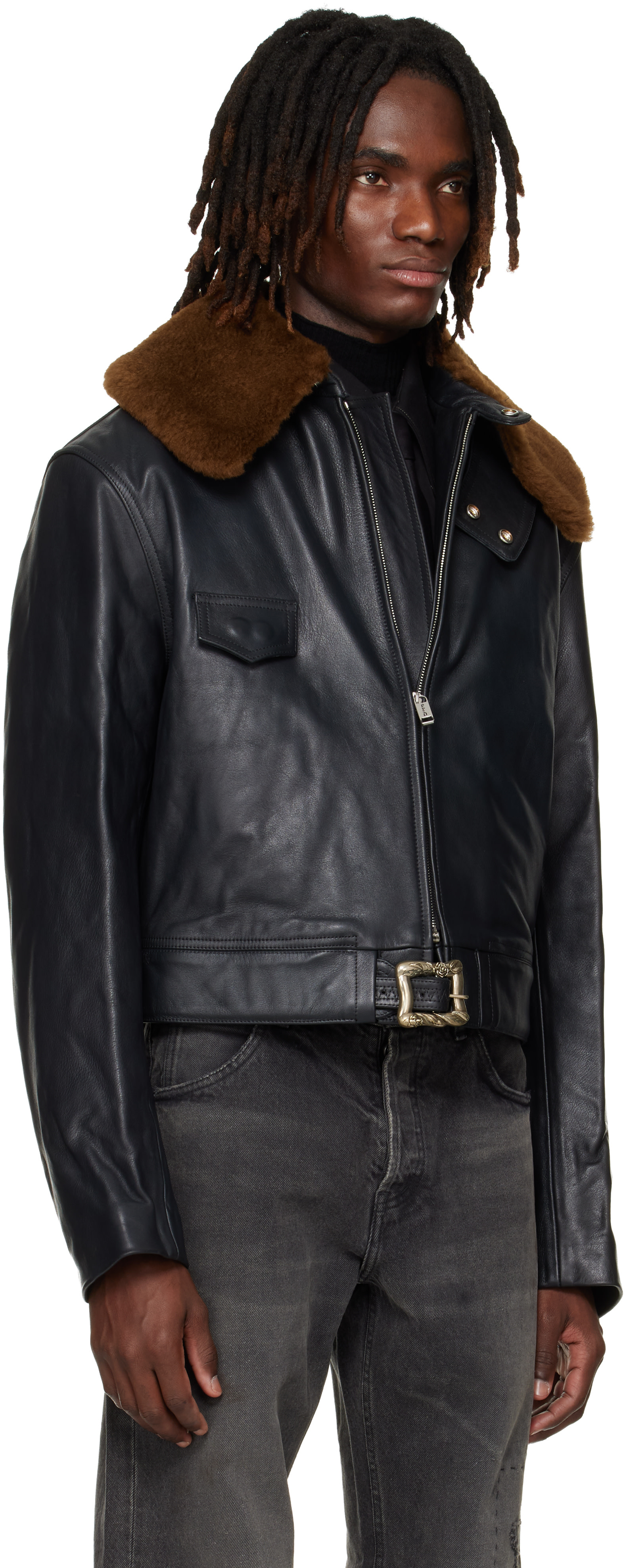く*た様 y*i様 ENFANTS RICHES DEPRIME ロンt Enfants Riches Déprimés: Black 'Hotrod' Shearling Collar Jacket