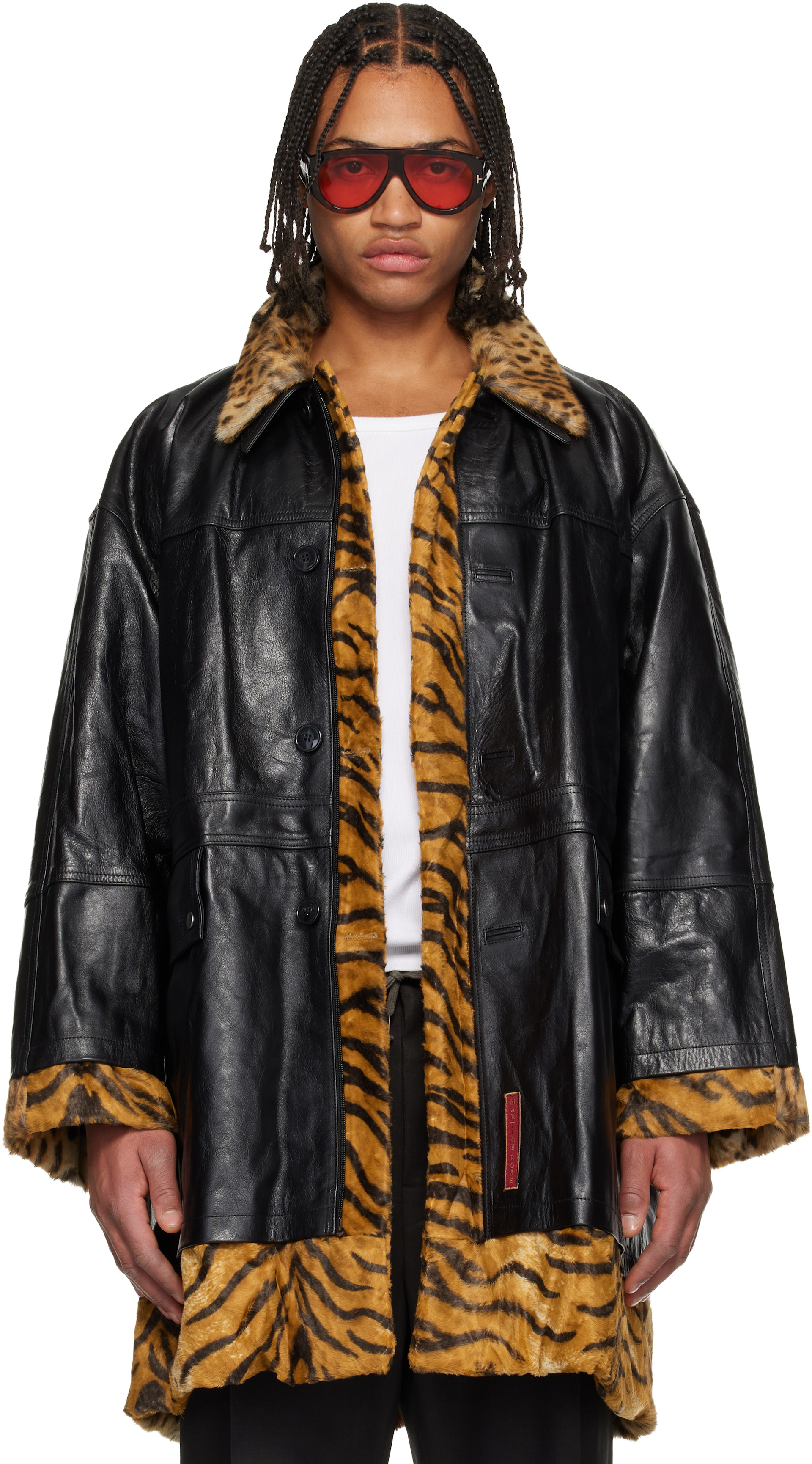 Martine Rose: Black & Tan Leopard Reversible Leather Coat | SSENSE