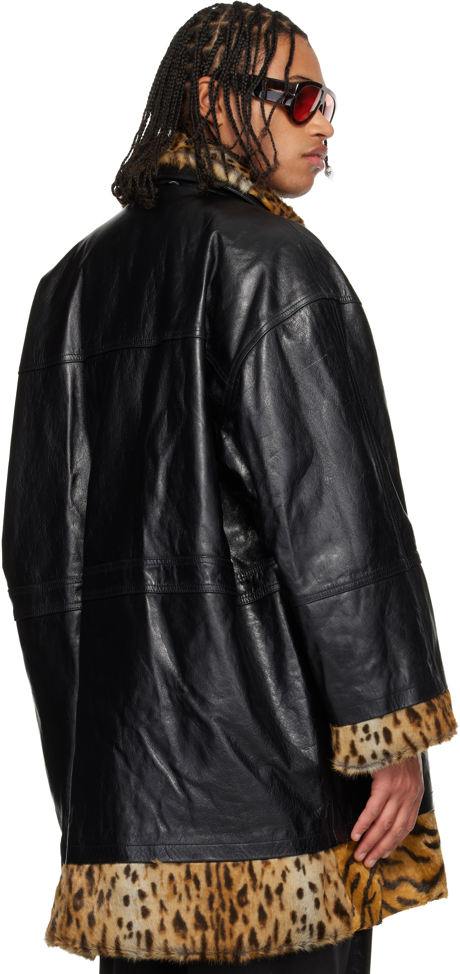 Martine Rose: Black & Tan Leopard Reversible Leather Coat | SSENSE