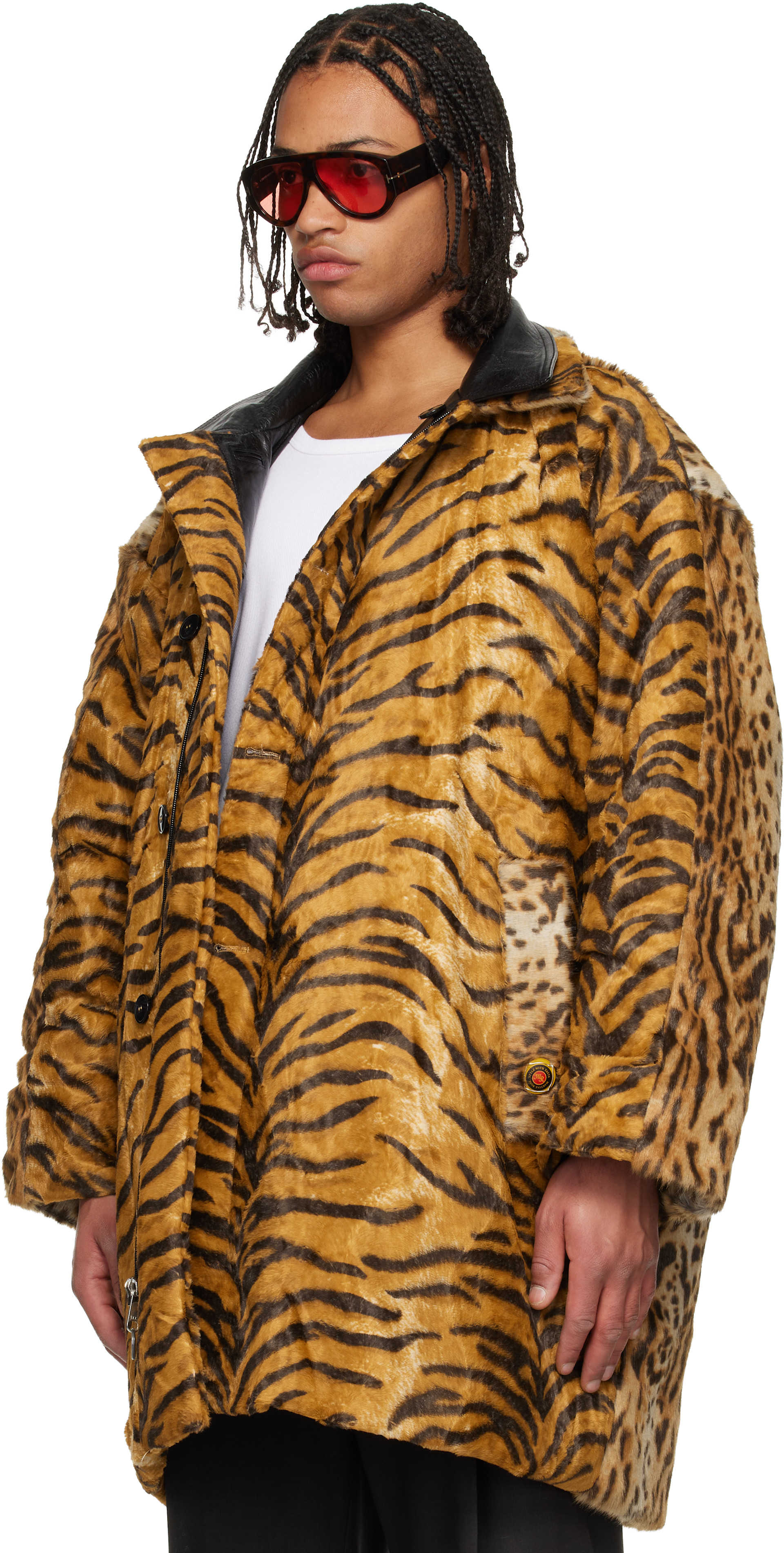 Martine Rose: Black & Tan Leopard Reversible Leather Coat | SSENSE
