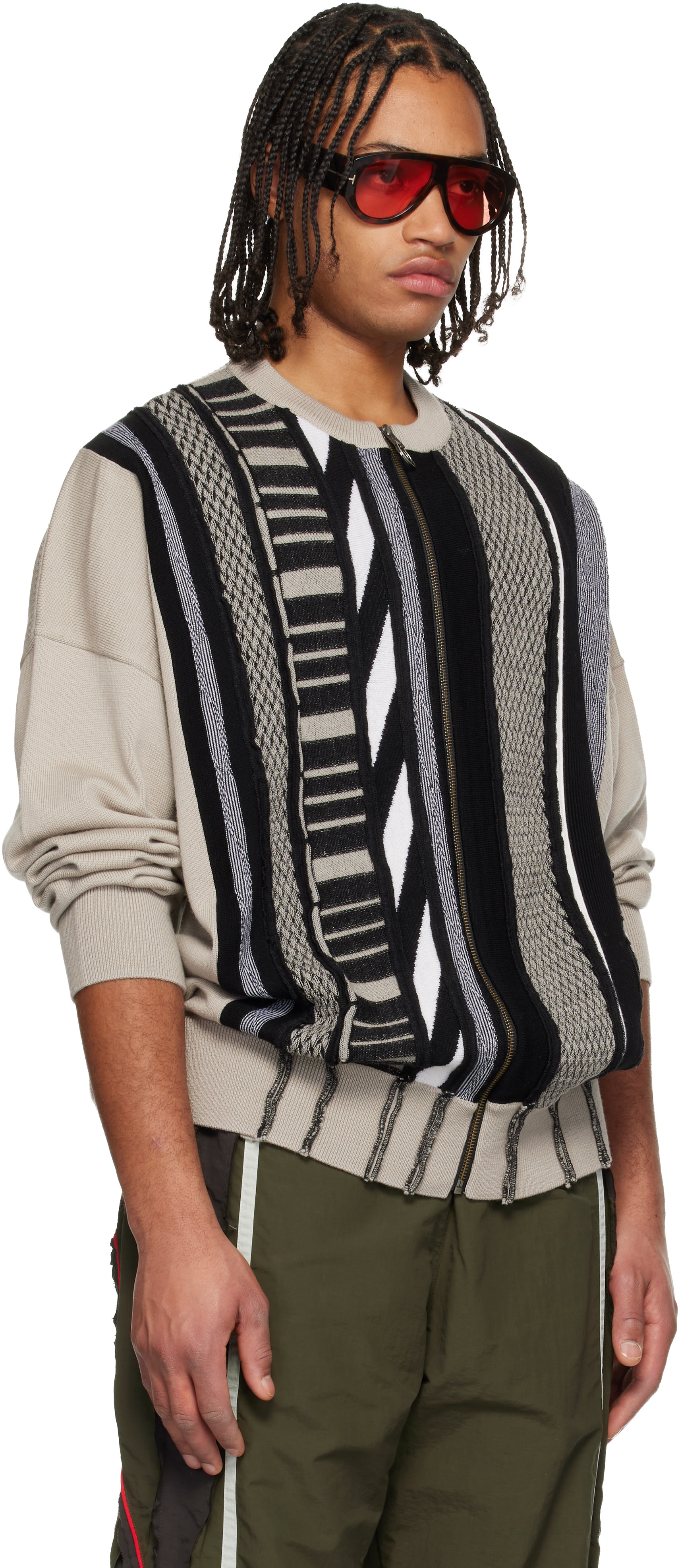 Martine Rose: Beige & Black Multi Stripe Zip Up Crew Sweater | SSENSE