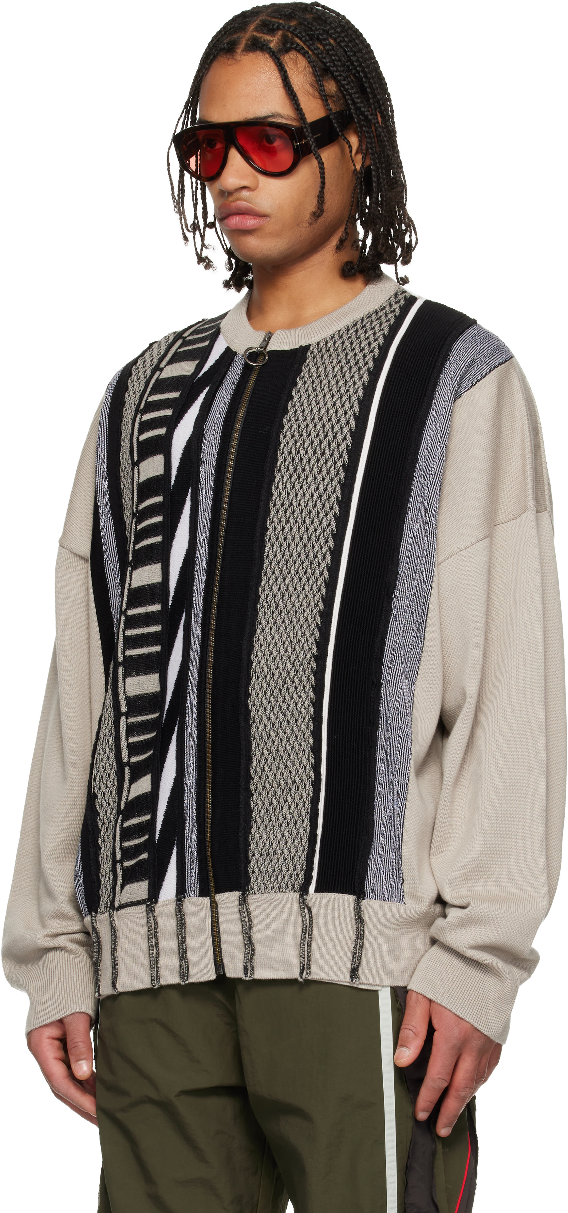 Martine Rose: Beige & Black Multi Stripe Zip Up Crew Sweater | SSENSE