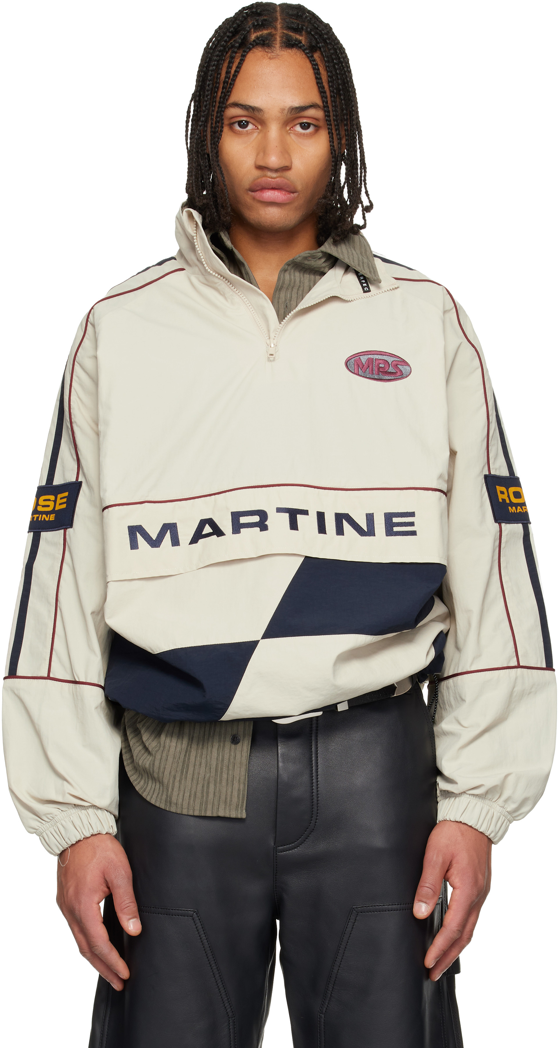 Martine Rose: Beige & Navy Hockey Track Jacket | SSENSE Singapore