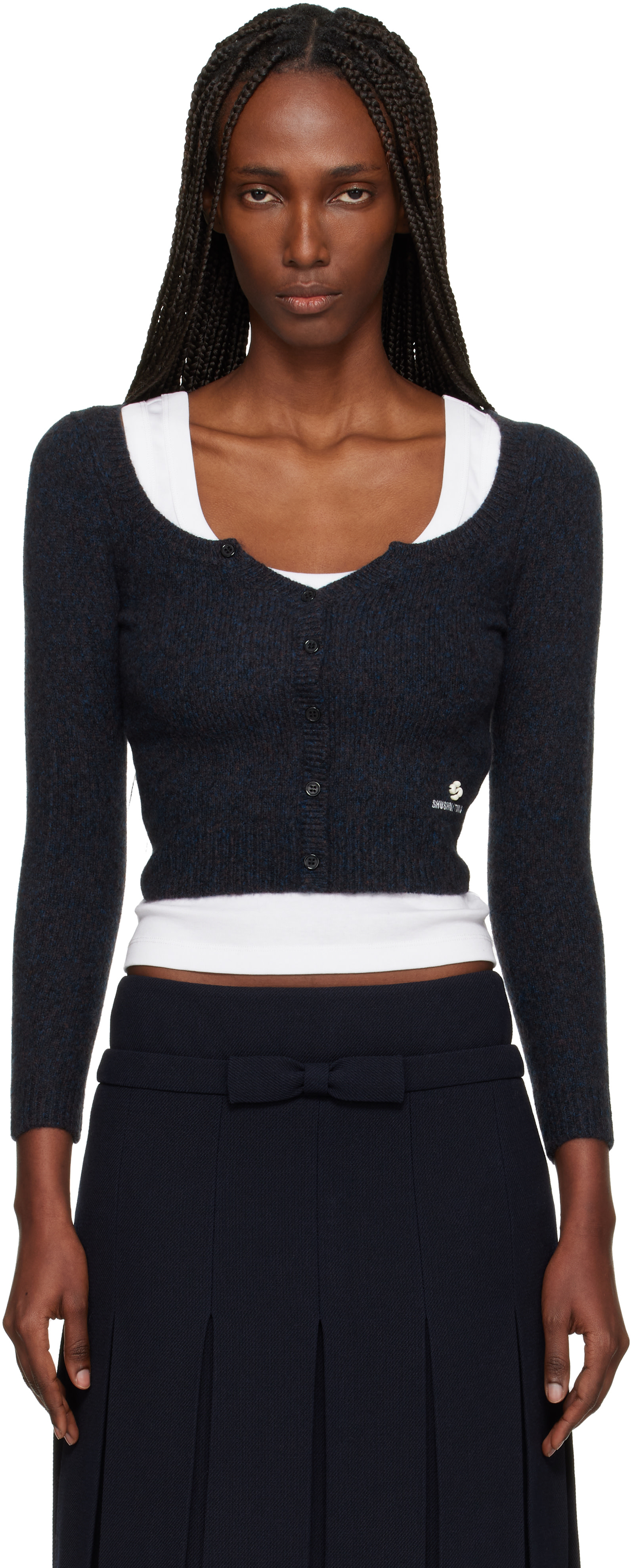 SHUSHU/TONG: Navy Wide Round Neck Fitted Cardigan | SSENSE