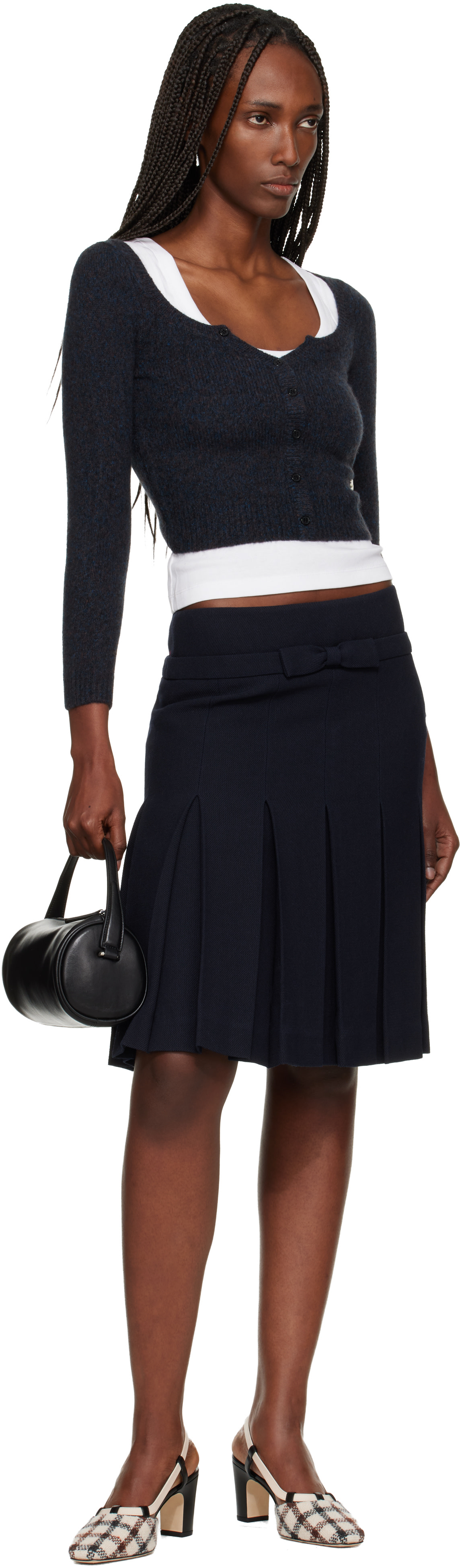 SHUSHU/TONG: Navy Wide Round Neck Fitted Cardigan | SSENSE