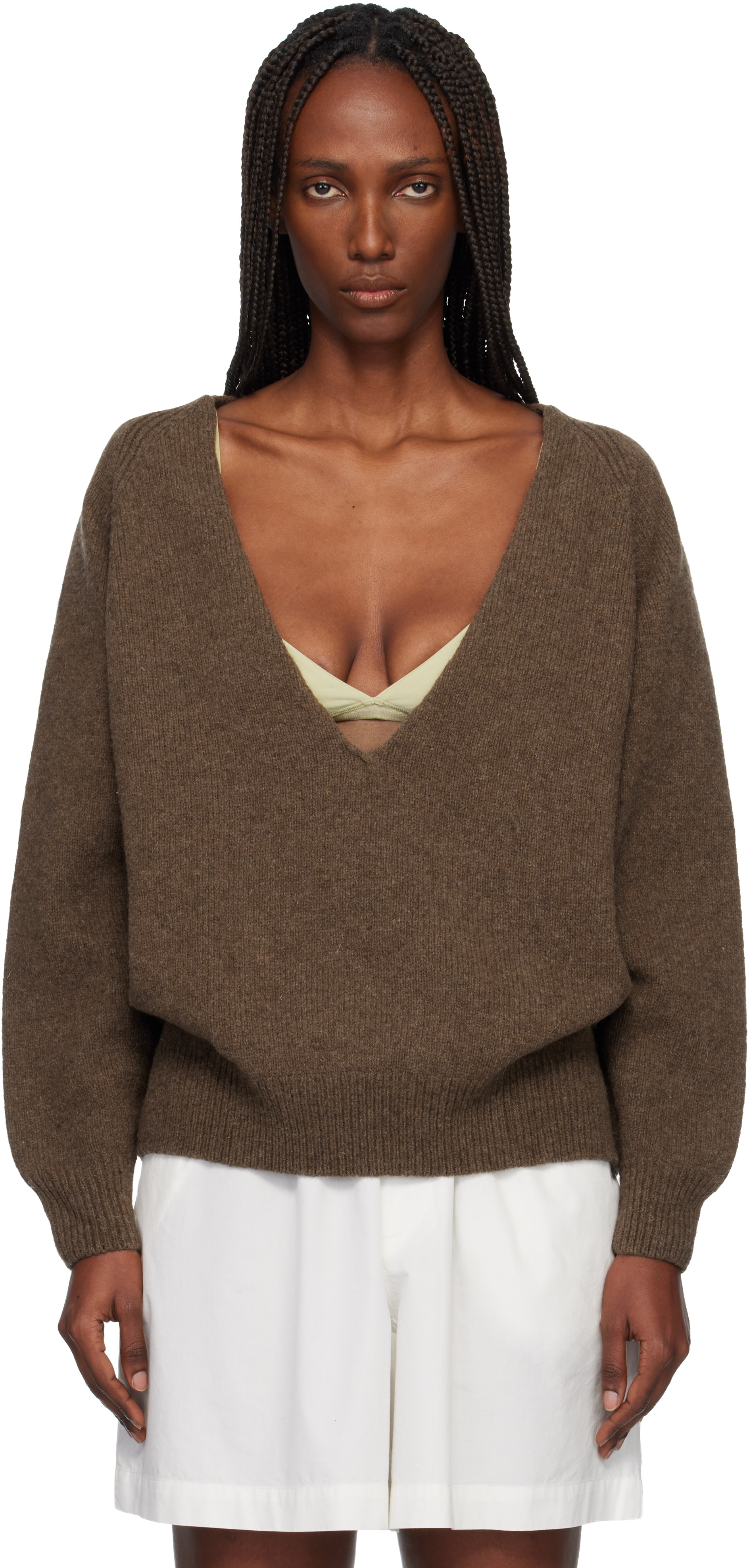 baserange Vネックコットンニット Baserange: Brown Soar V-neck Sweater | SSENSE Canada