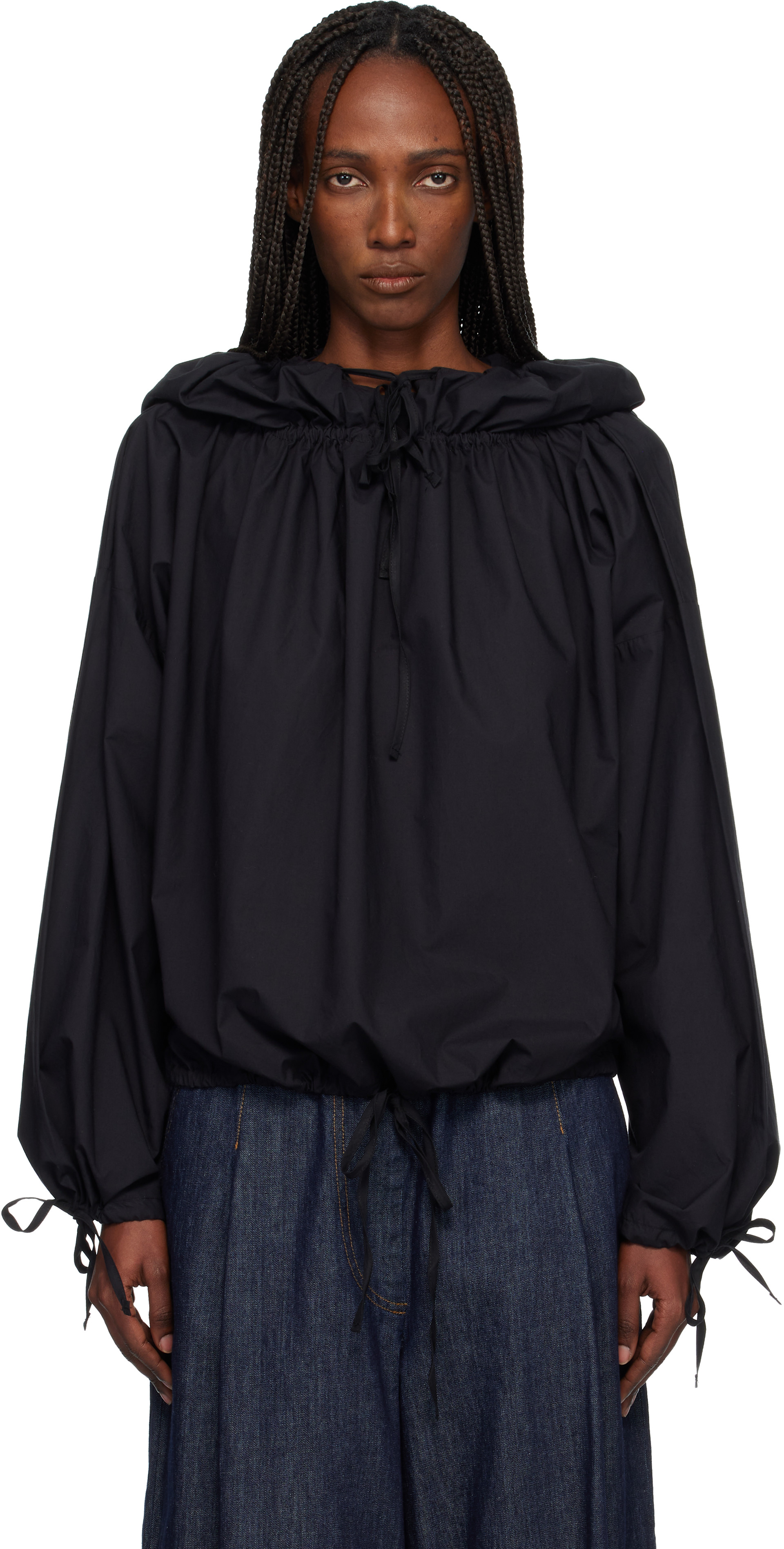 baserange point top フード付きブラウス Baserange: Black Point Hooded Blouse | SSENSE