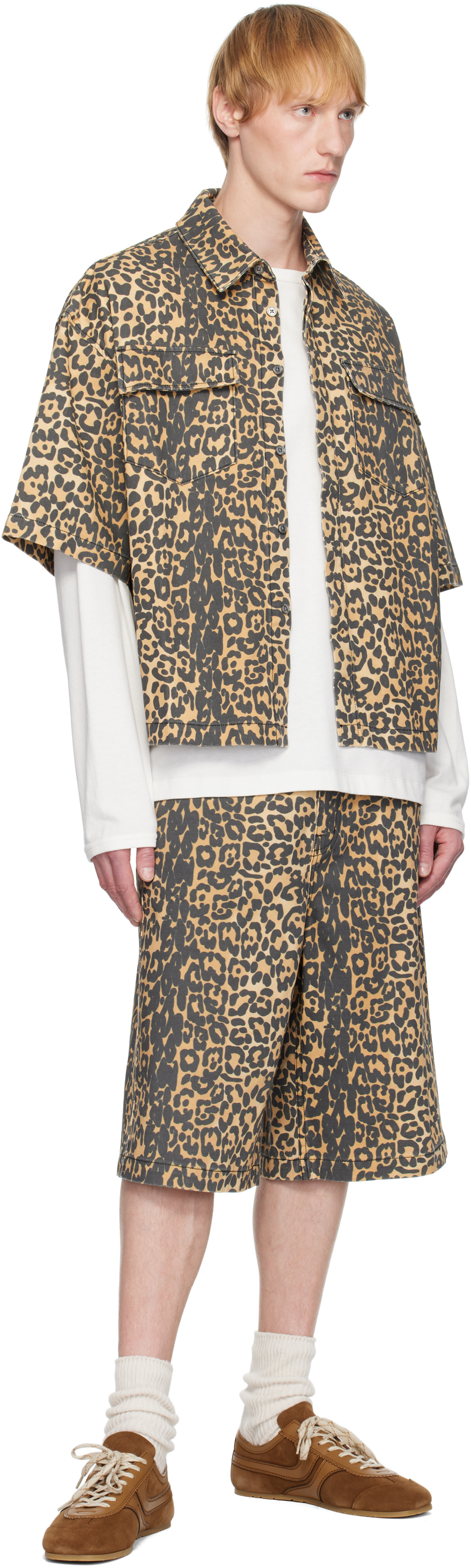 Rhude: Beige Leopard Traxedo Baggy Denim Shorts | SSENSE