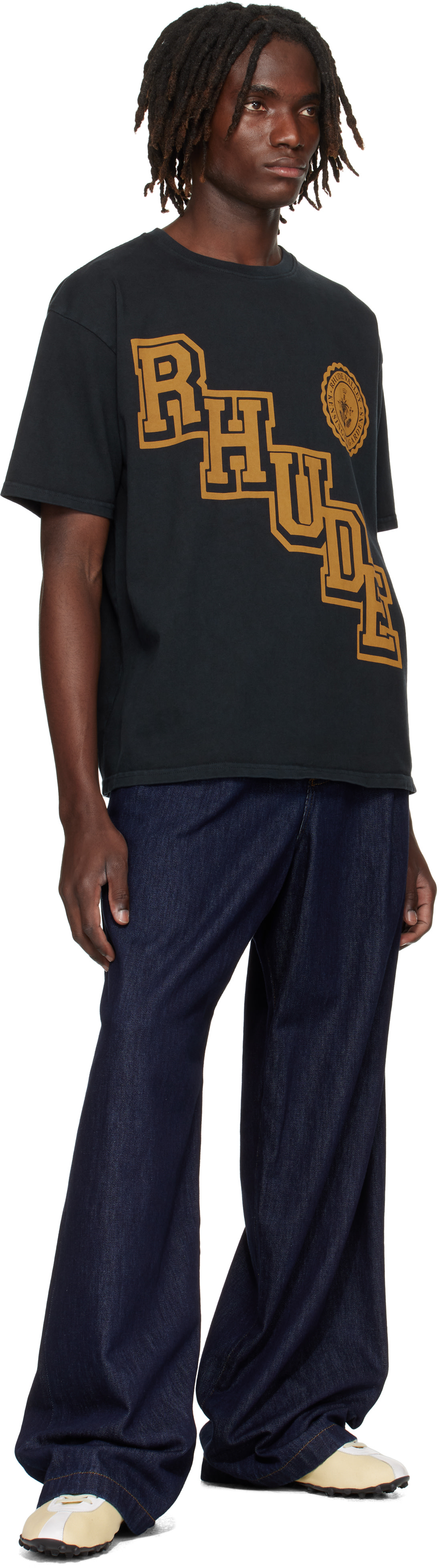 Rhude: Black 'Rhude' Collegiate Crest T-shirt | SSENSE