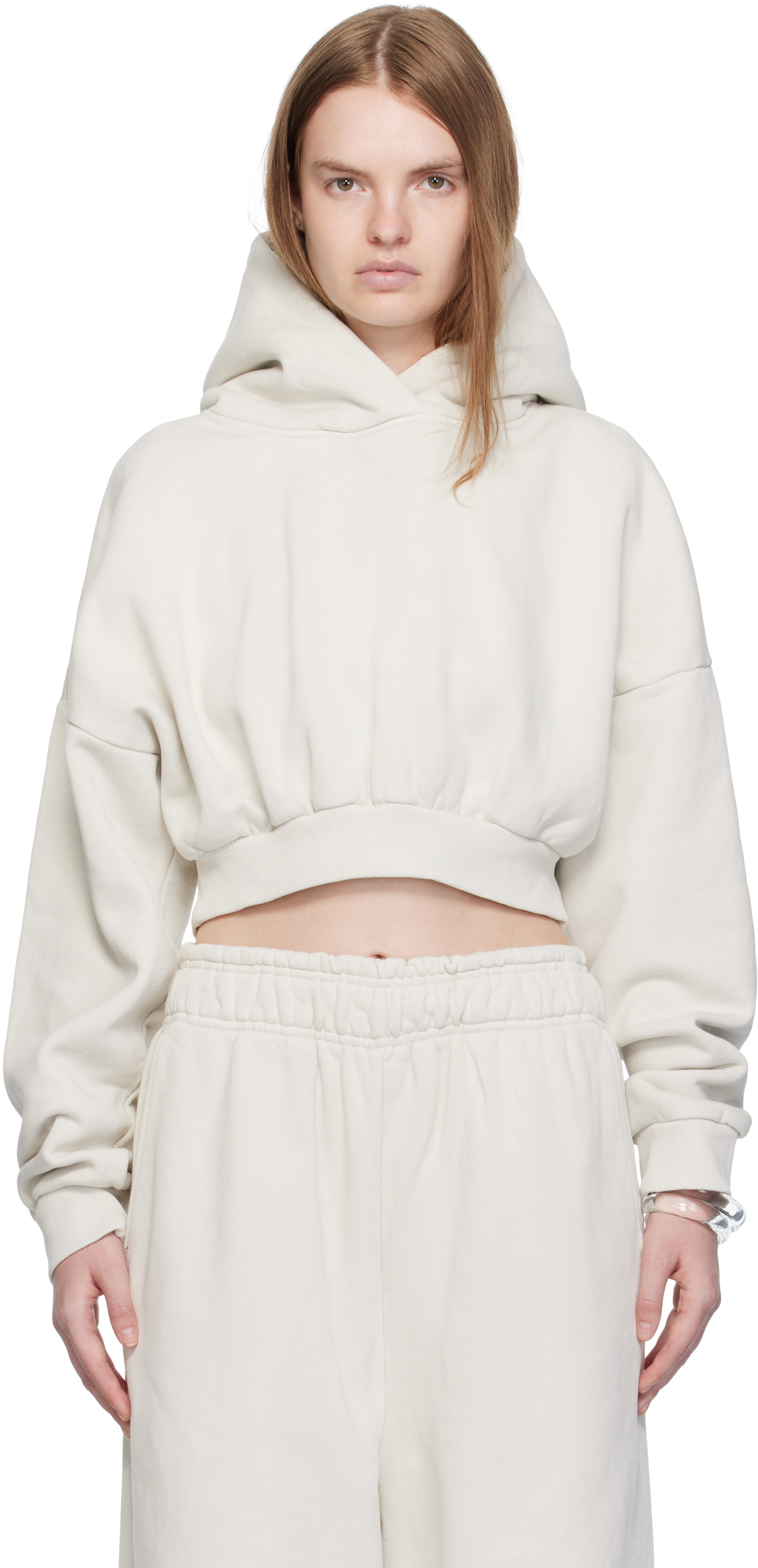 Entire Studios - Pull à capuche écourté blanc cassé en molleton épais