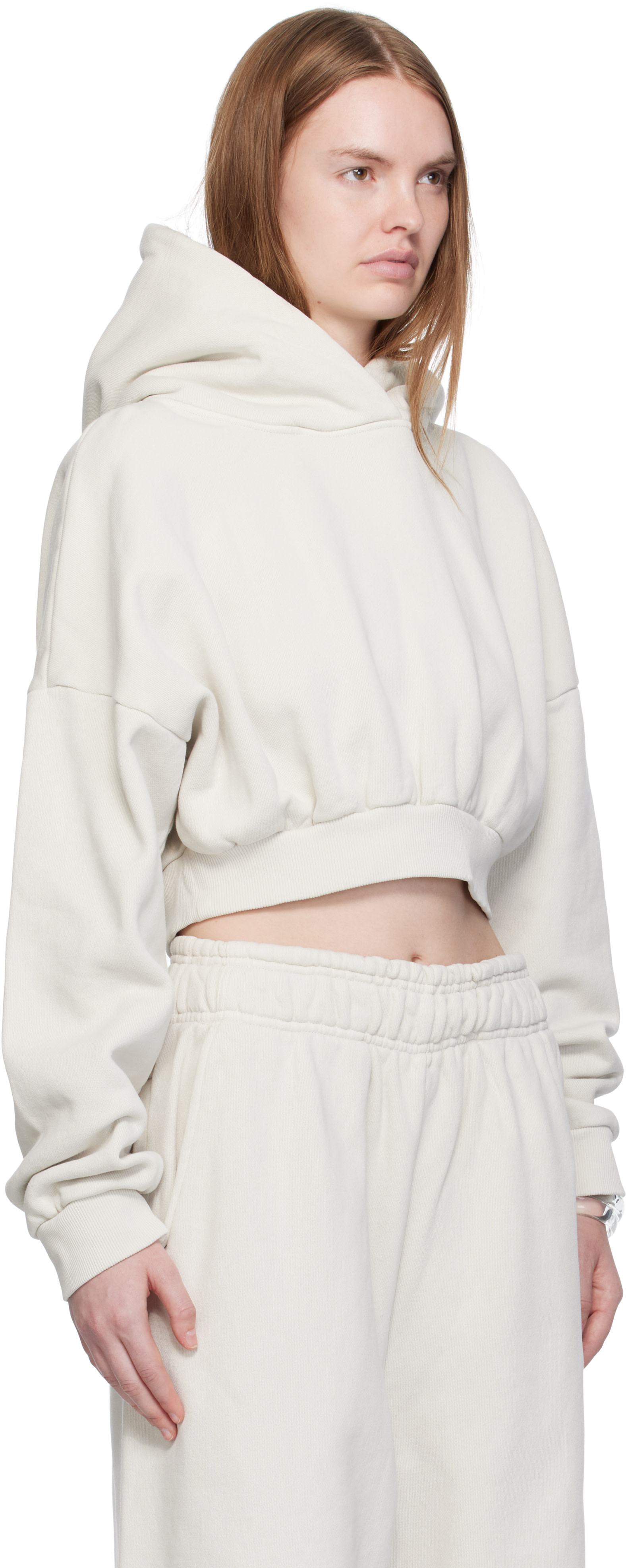 Entire Studios - Pull à capuche écourté blanc cassé en molleton épais