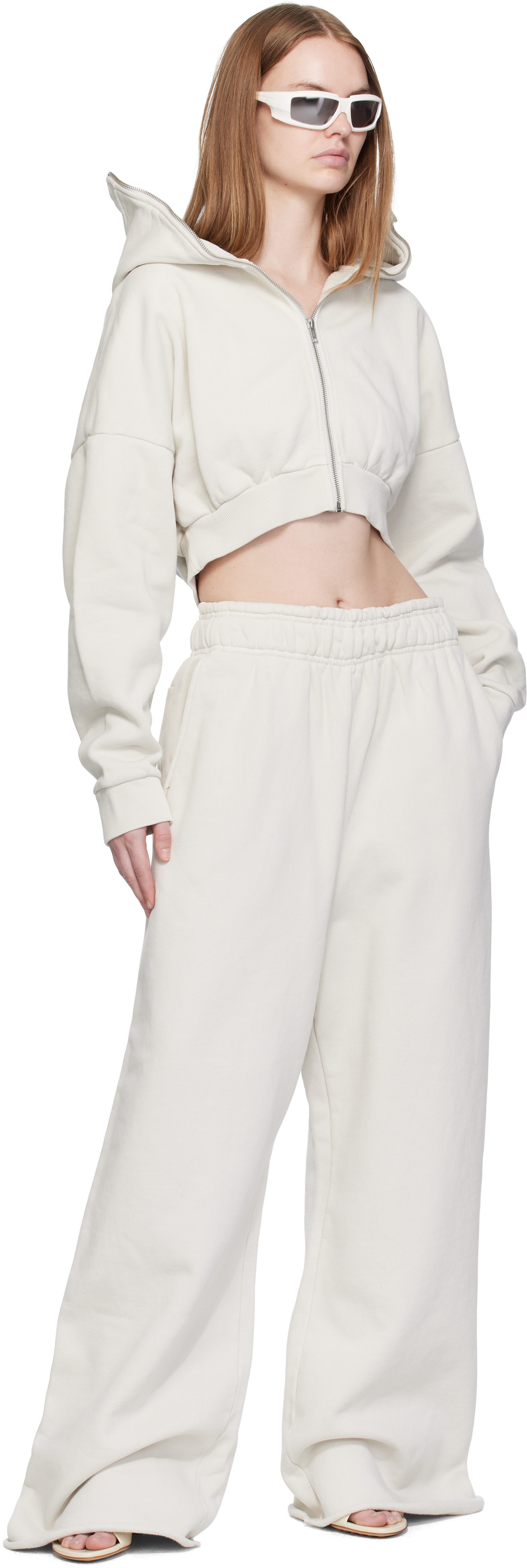 Entire Studios - Pull à capuche écourté blanc cassé à glissière prolongée