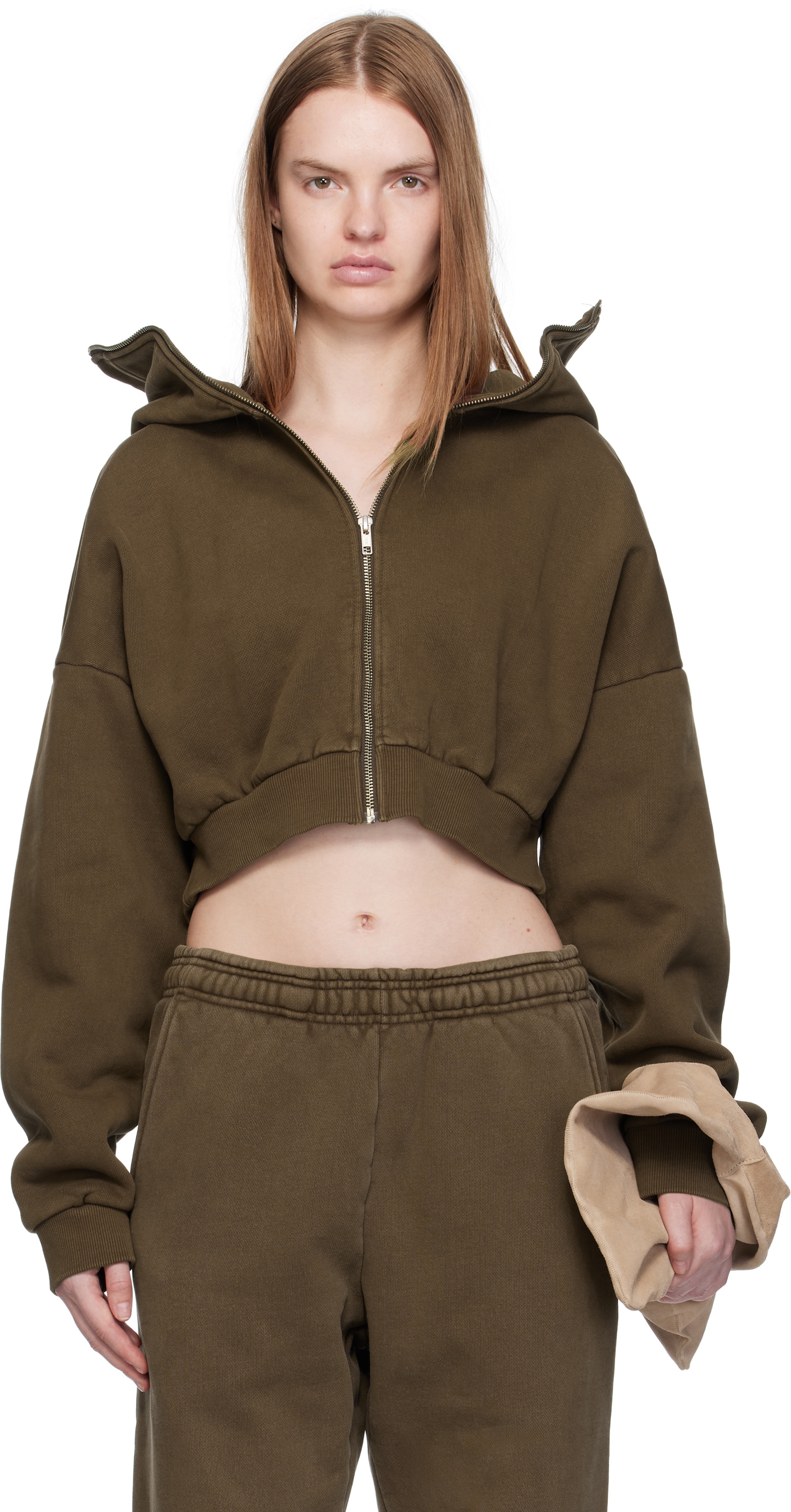Entire Studios - Pull à capuche écourté brun à glissière prolongée