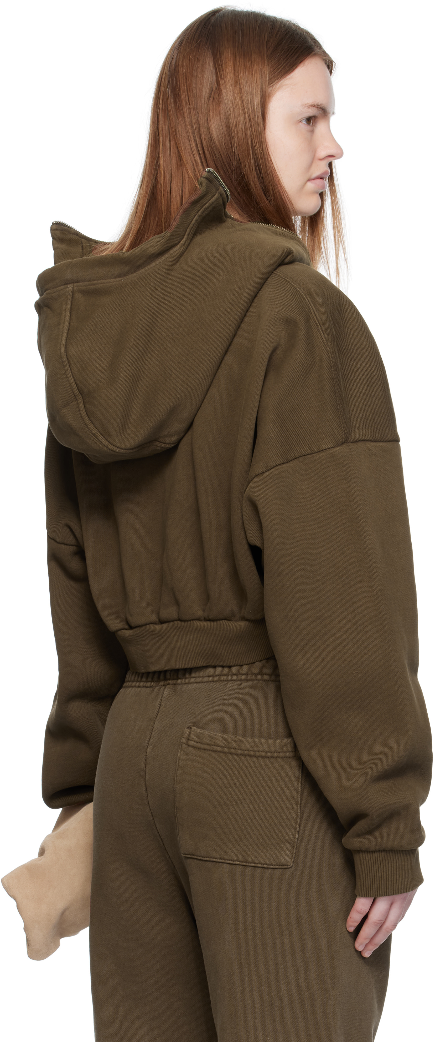 Entire Studios - Pull à capuche écourté brun à glissière prolongée