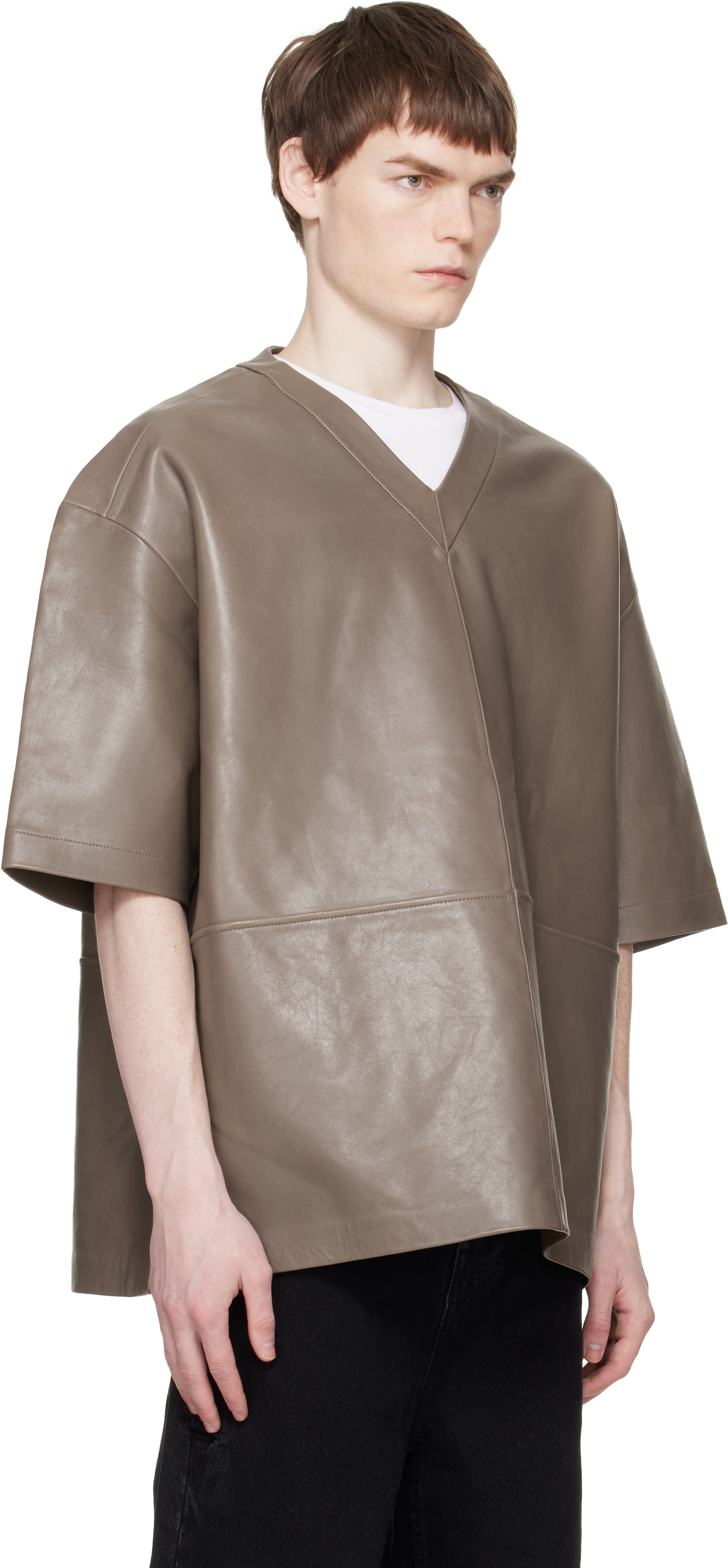 Entire Studios: Taupe V-Neck Leather T-shirt | SSENSE