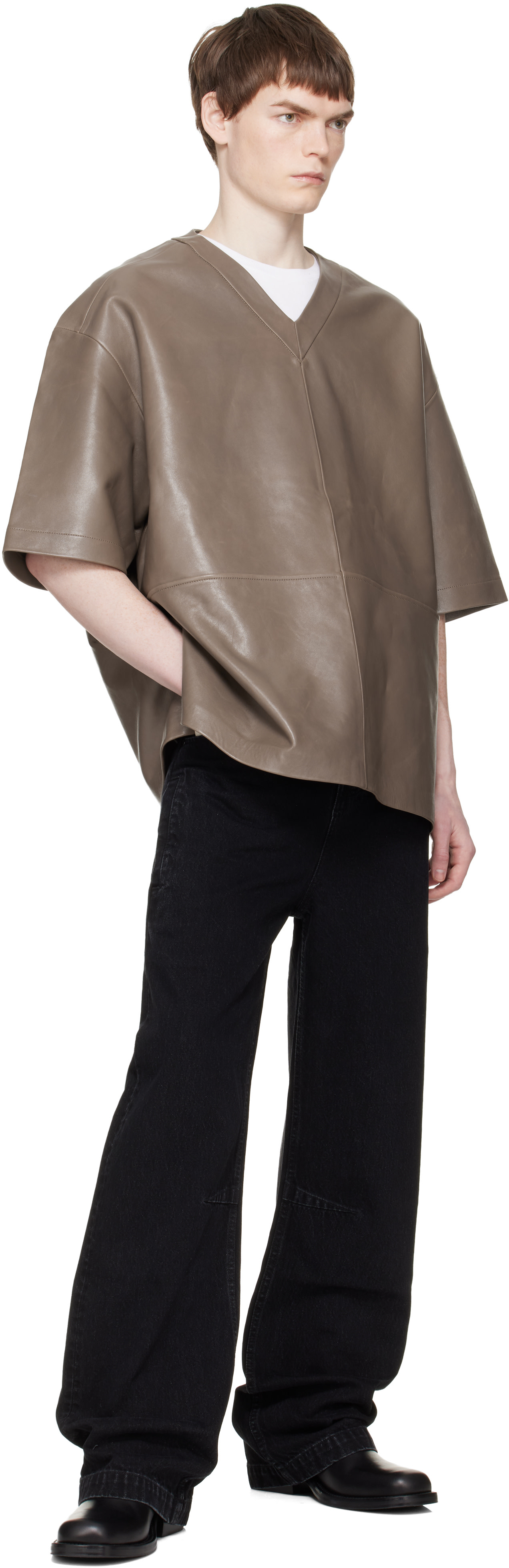 Entire Studios: Taupe V-Neck Leather T-shirt | SSENSE