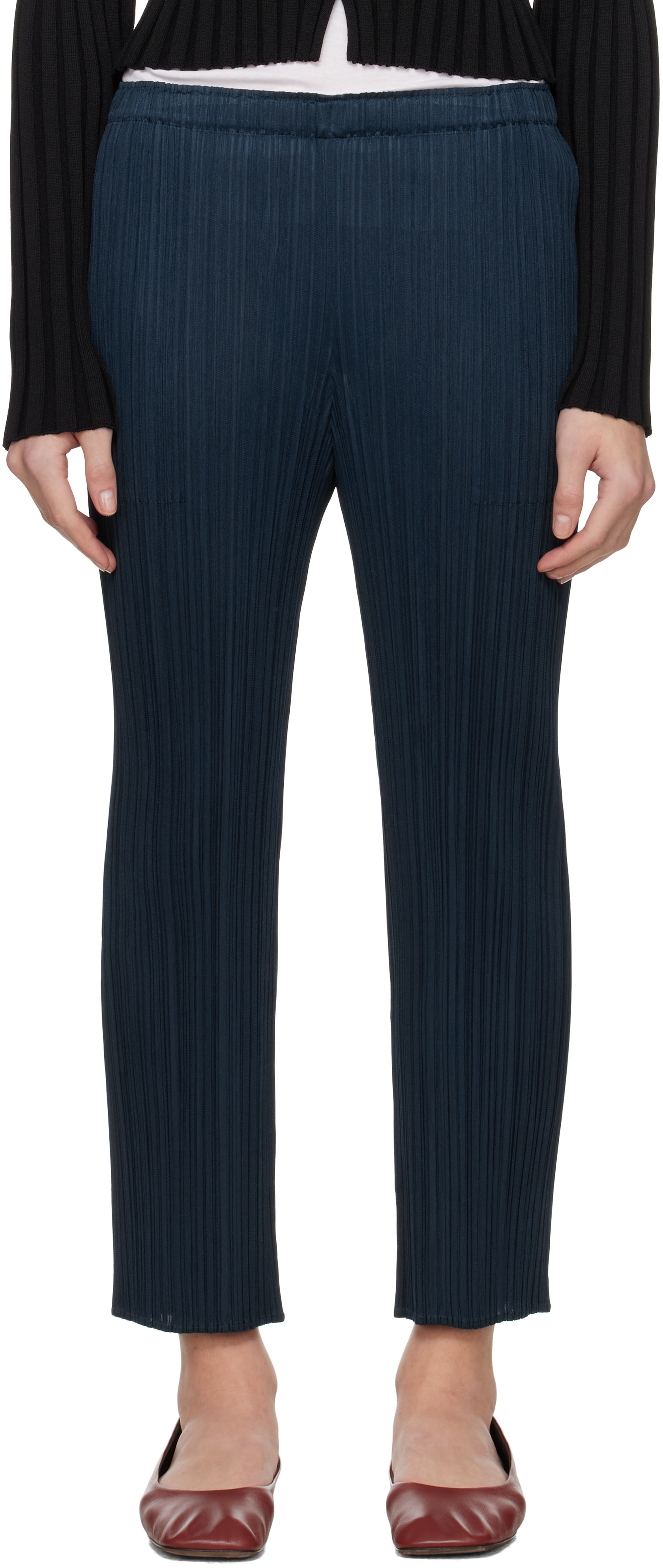PLEATS PLEASE パンツ(サイズ０, NAVY) PLEATS PLEASE ISSEY MIYAKE: Navy Monthly Colors April Trousers