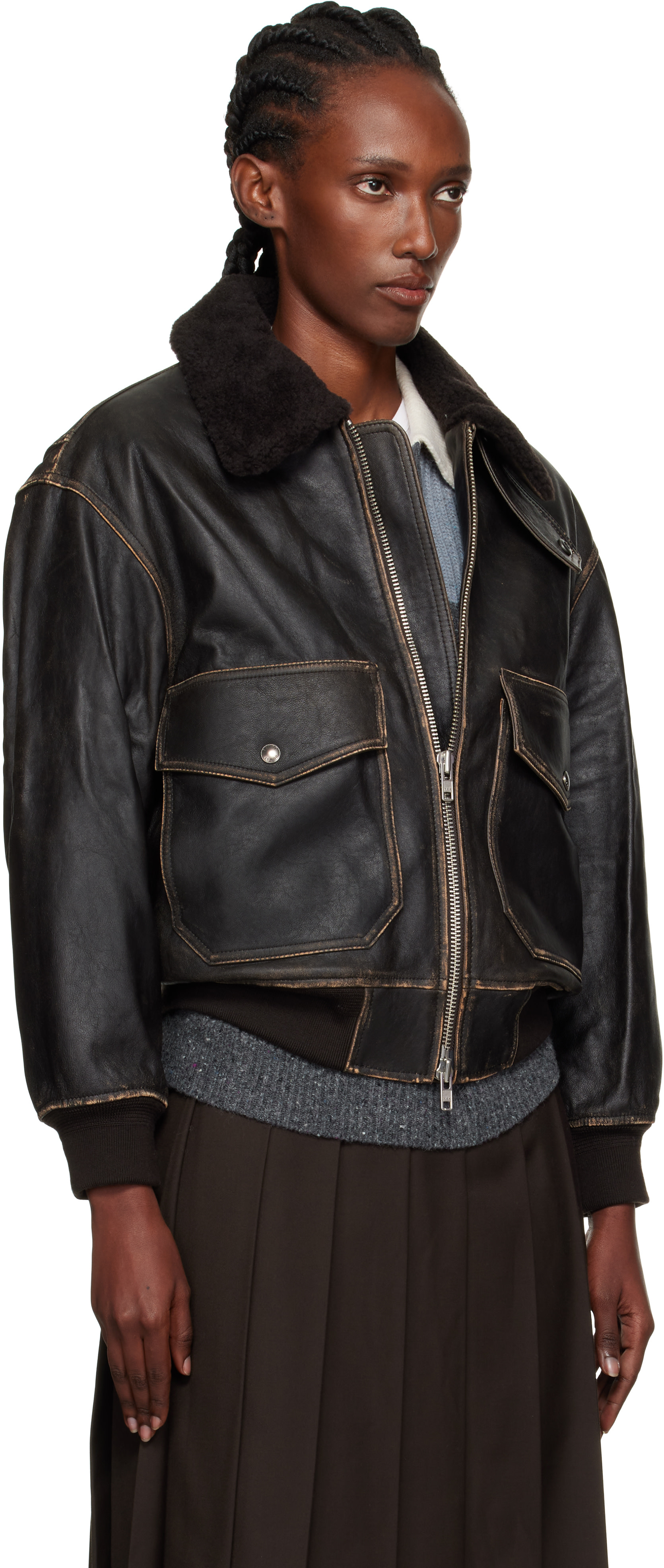 Dunst: ブラウン A-2 Shearling Collared レザージャケット | SSENSE 日本
