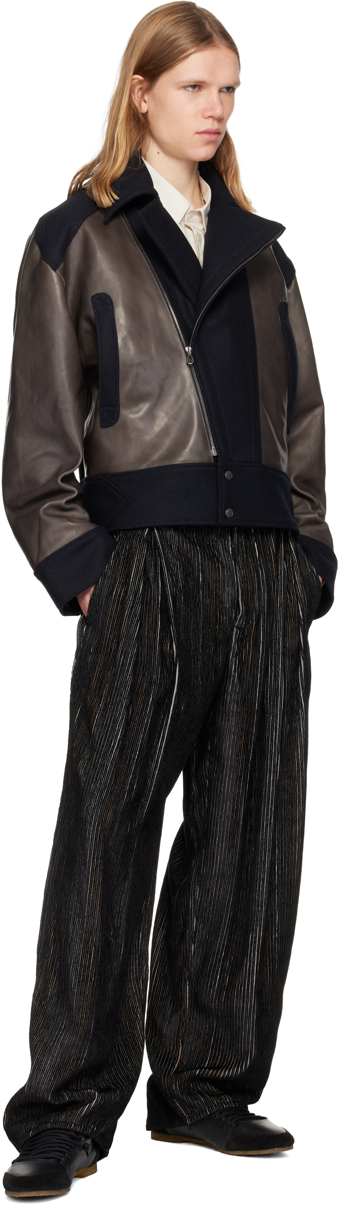 Kiko Kostadinov: Gray & Navy Orvos Hybrid Leather Jacket | SSENSE