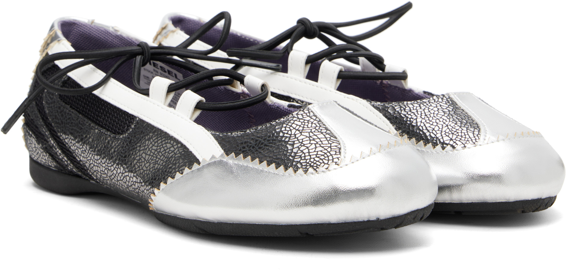 Diesel: Black & Silver D-Mile Lace-Up Ballerina Flats | SSENSE Canada