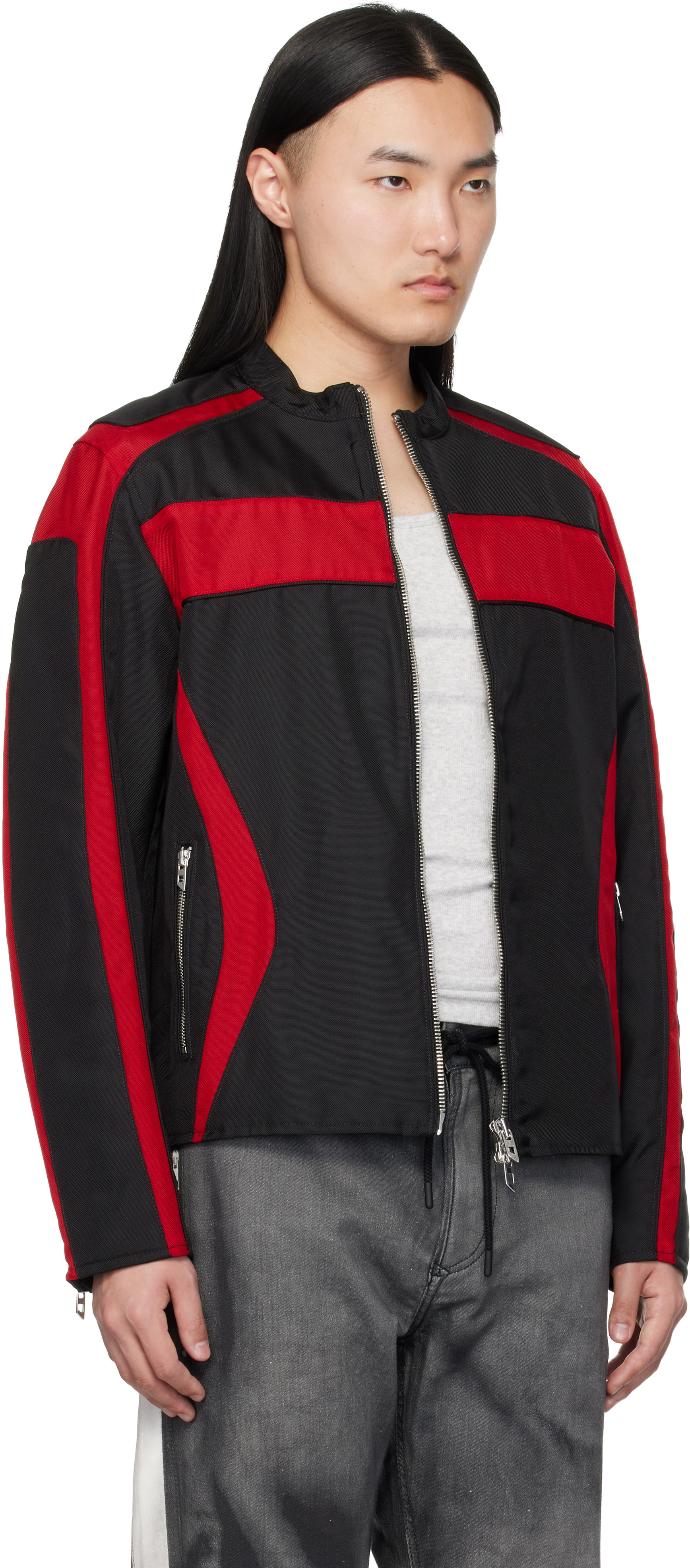 Diesel: Black & Red Biker-Style Colour-Block Canvas Jacket