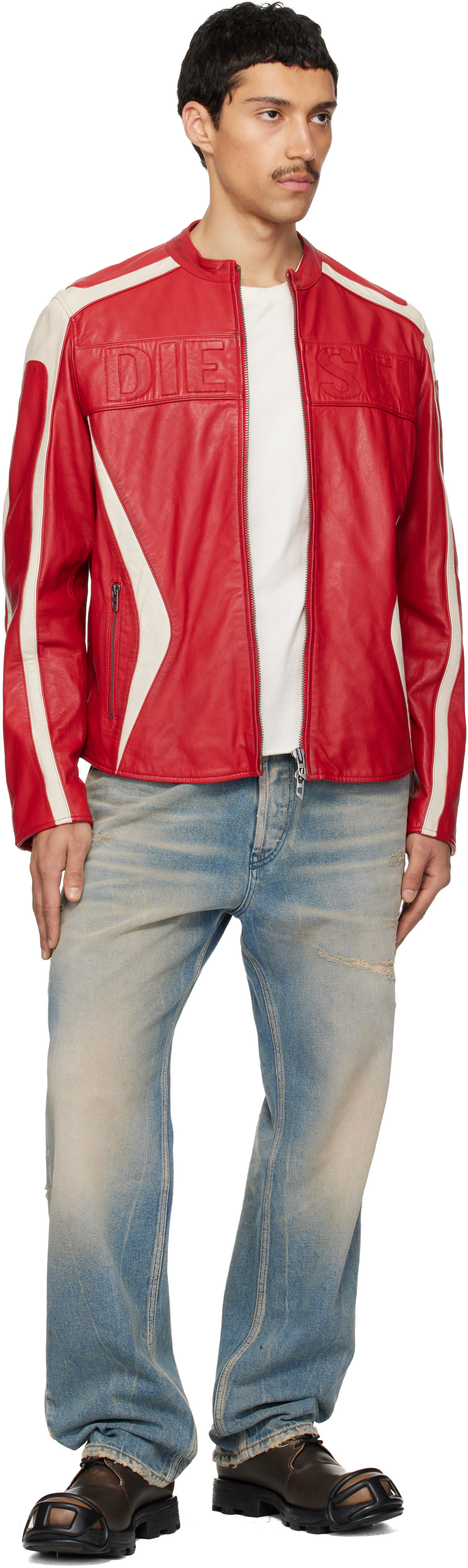 Diesel: レッド＆オフホワイト L-Adam レザージャケット | SSENSE 日本