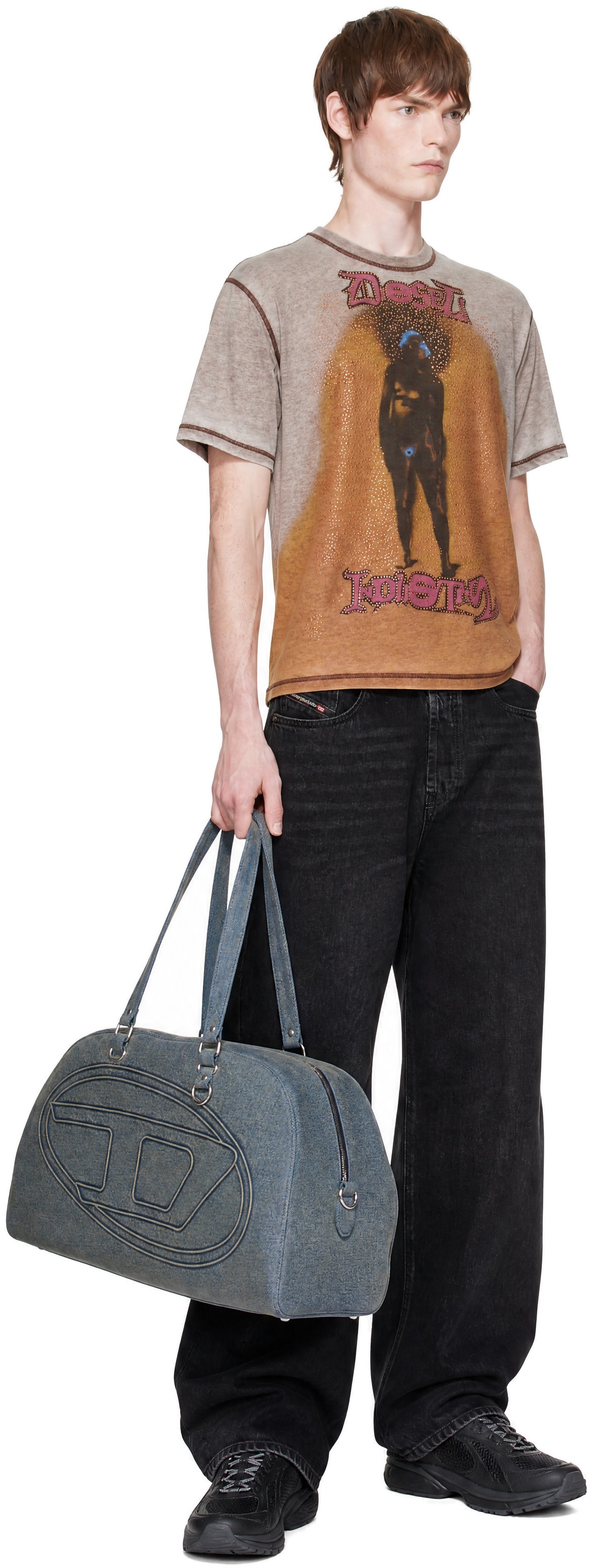 Diesel: Brown Relaxed Print & Studs T-shirt | SSENSE